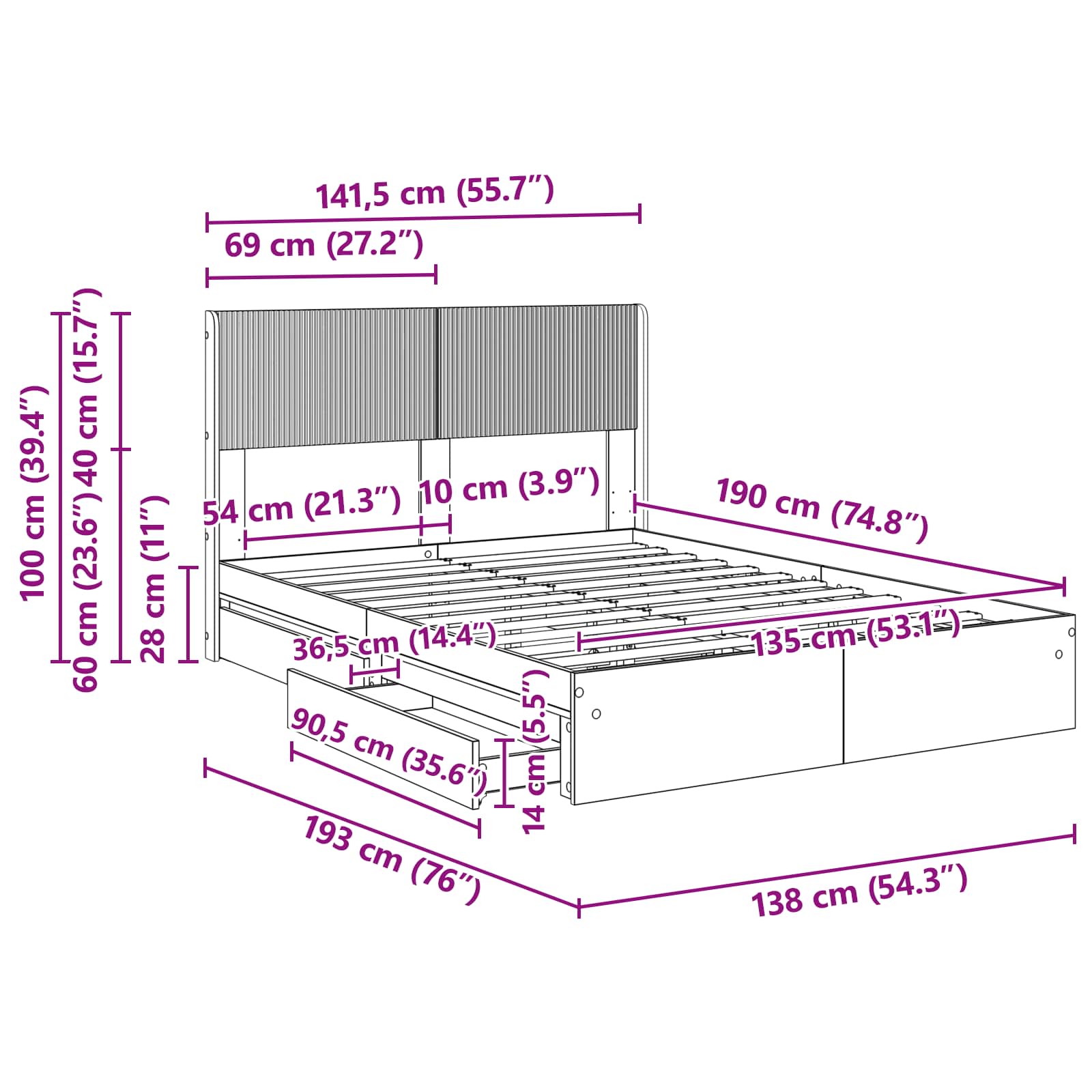 Bettgestell mit Stauraum und Kopfteil Schwarz 135 x 190 cm