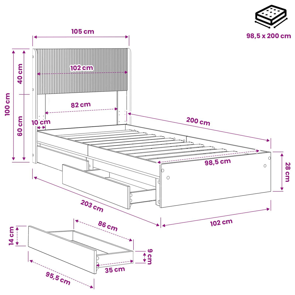Bettgestell mit Stauraum und Kopfteil Grau Sonoma 100 x 200 cm