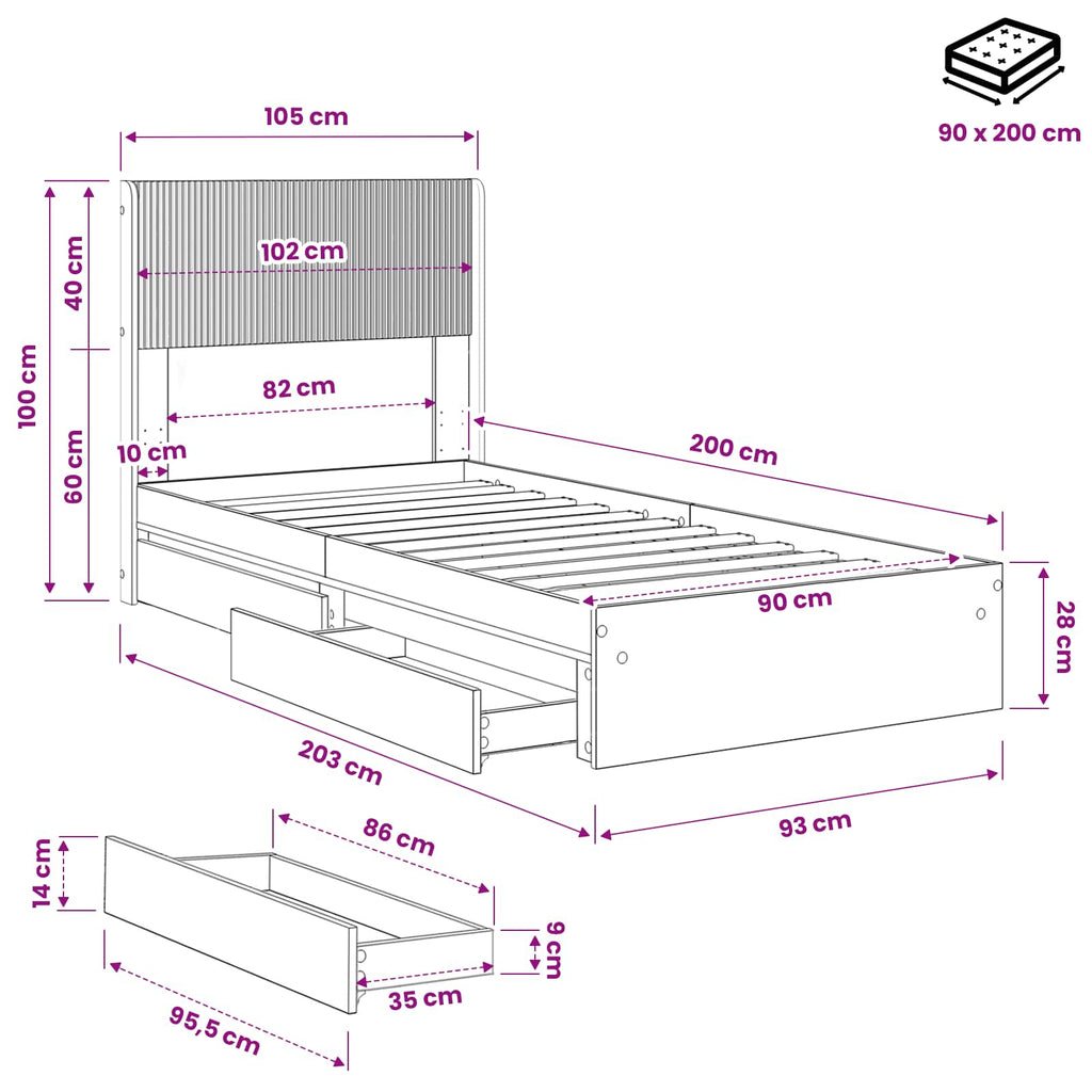 Bettgestell mit Stauraum und Kopfteil Weiß 90 x 200 cm