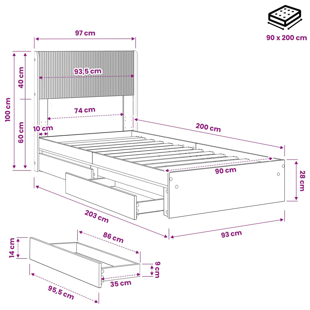 Bettgestell mit Stauraum und Kopfteil Grau Sonoma 90 x 200 cm