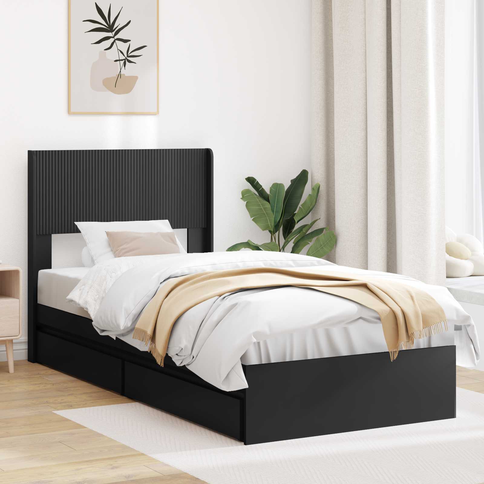 Bettgestell mit Stauraum und Kopfteil Schwarz 90 x 190 cm