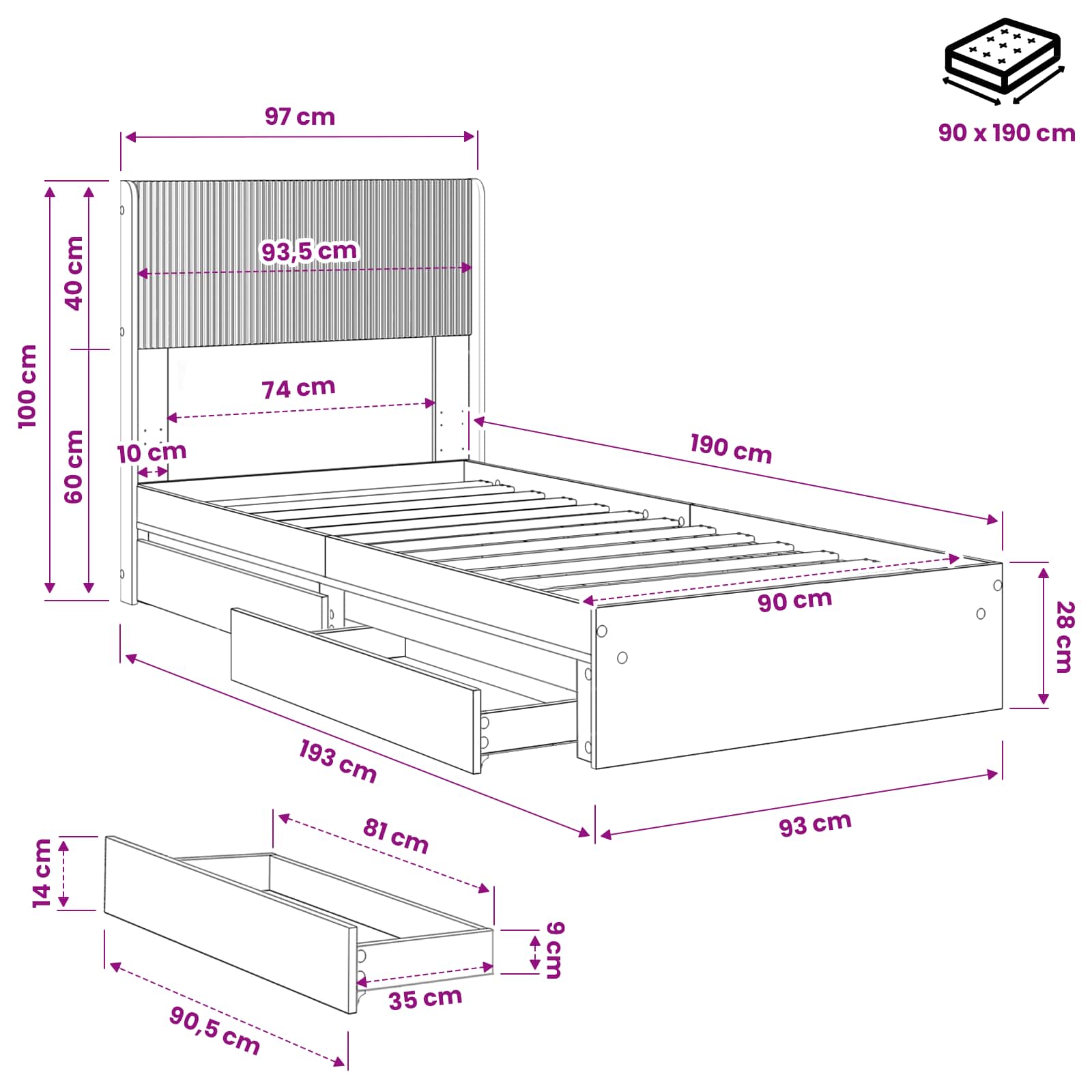 Bettgestell mit Stauraum und Kopfteil Grau Sonoma 90 x 190 cm