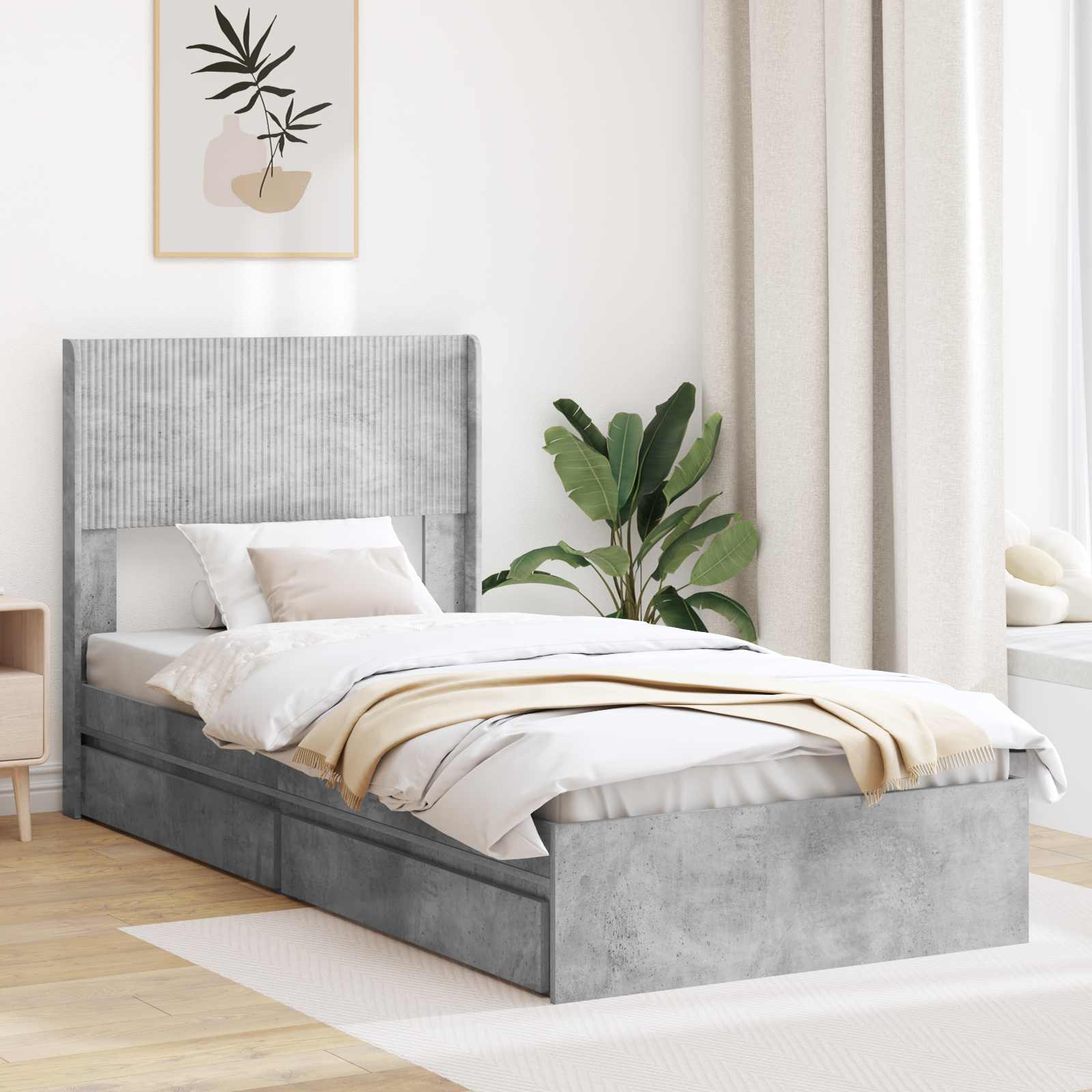 Bettgestell mit Stauraum und Kopfteil Betongrau 75 x 190 cm