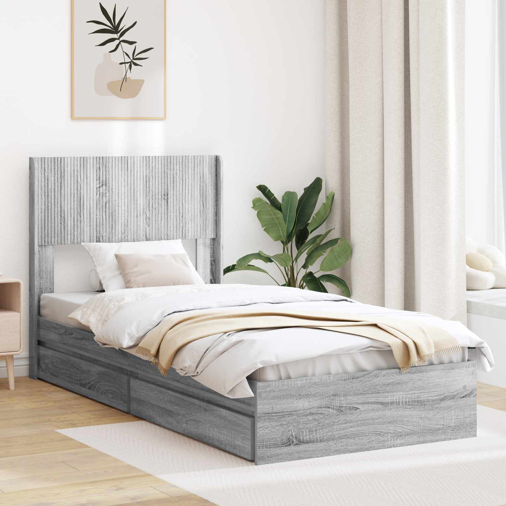 Bettgestell mit Stauraum und Kopfteil Grau Sonoma 75 x 190 cm