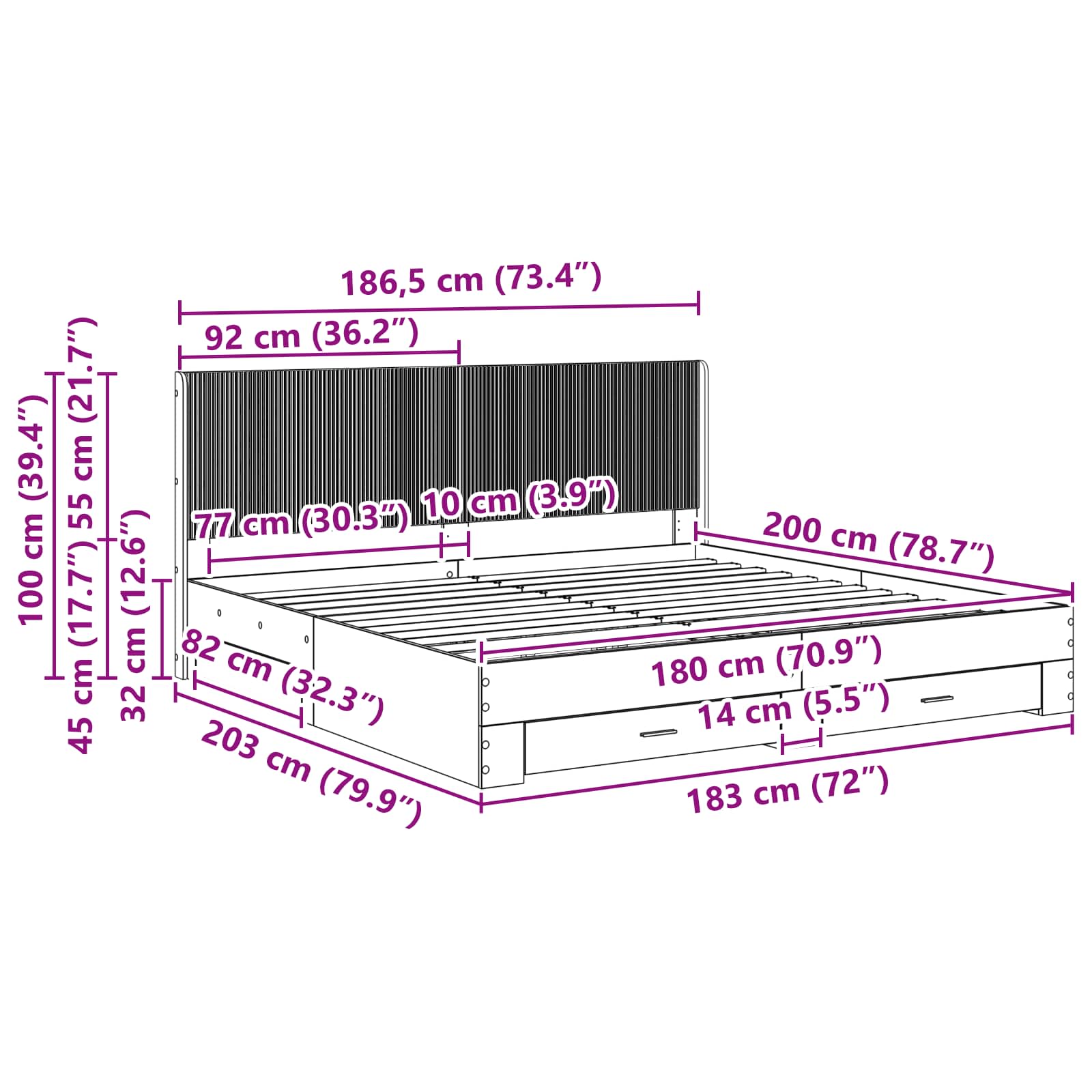 Bettgestell mit Stauraum und Kopfteil Betongrau 180 x 200 cm