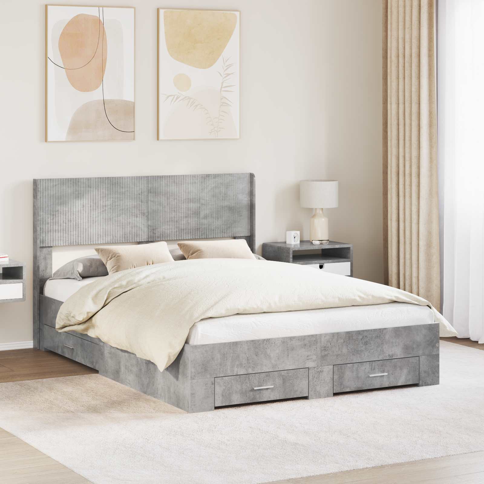 Bettgestell mit Stauraum und Kopfteil Betongrau 135 x 190 cm