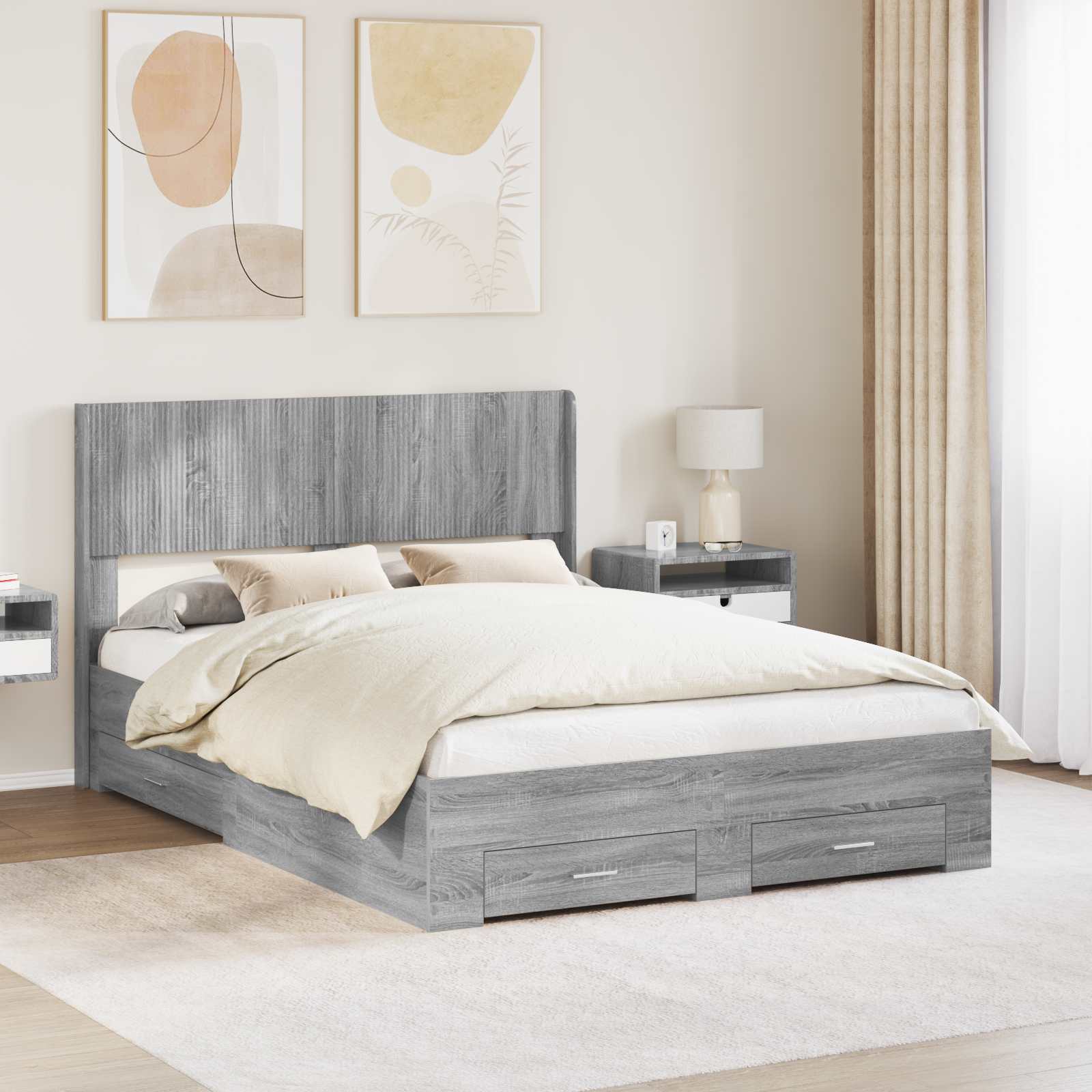 Bettgestell mit Stauraum und Kopfteil Grau Sonoma 135 x 190 cm