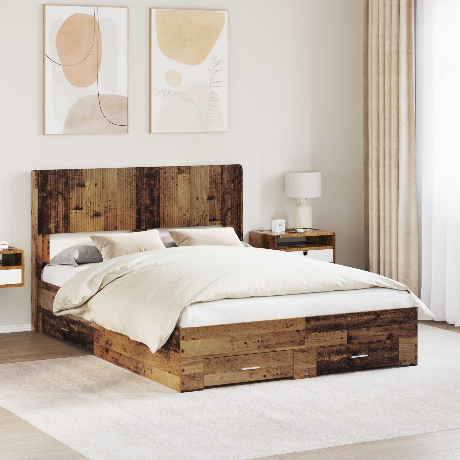 Bettgestell mit Stauraum und Kopfteil Altholz 135 x 190 cm