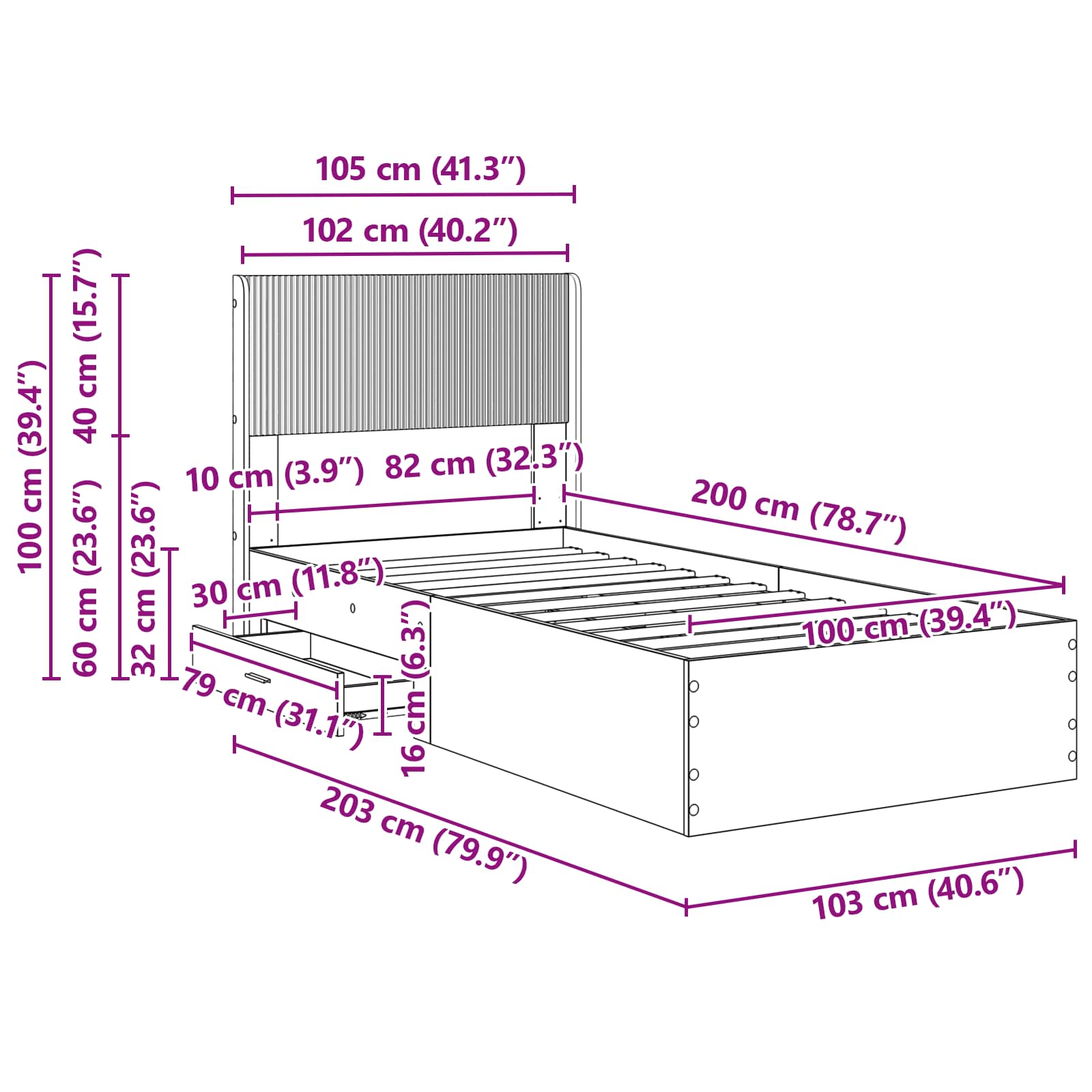 Bettgestell mit Stauraum und Kopfteil Altholz 100 x 200 cm