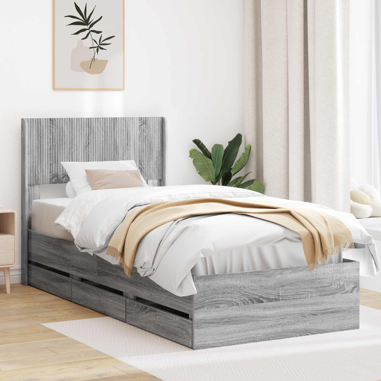 Bettgestell mit Stauraum und Kopfteil Grau Sonoma 90 x 200 cm