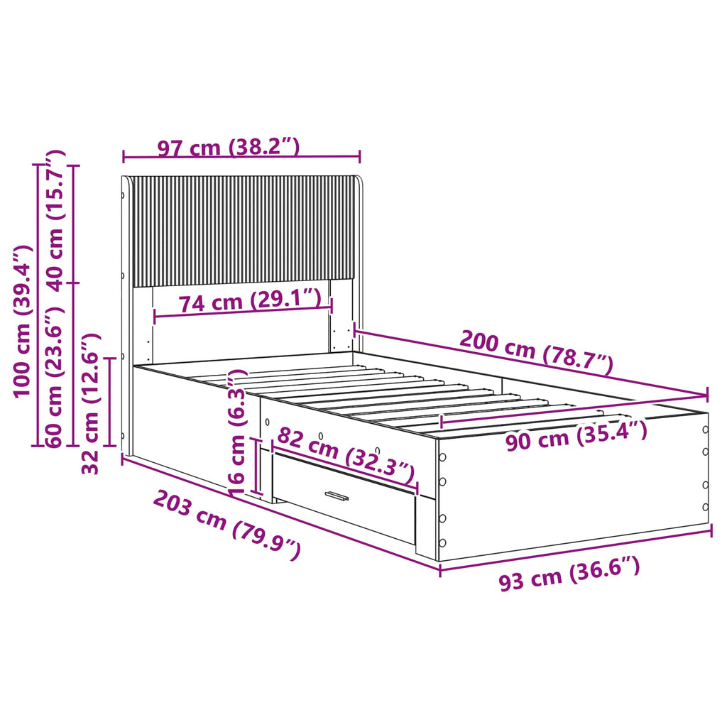 Bettgestell mit Stauraum und Kopfteil Grau Sonoma 90 x 200 cm