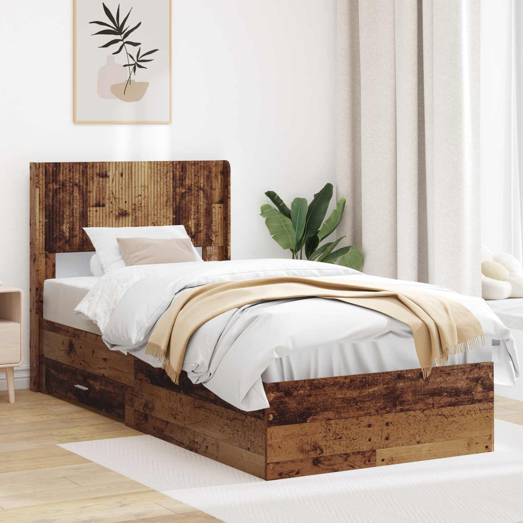 Bettgestell mit Stauraum und Kopfteil Altholz 90 x 200 cm