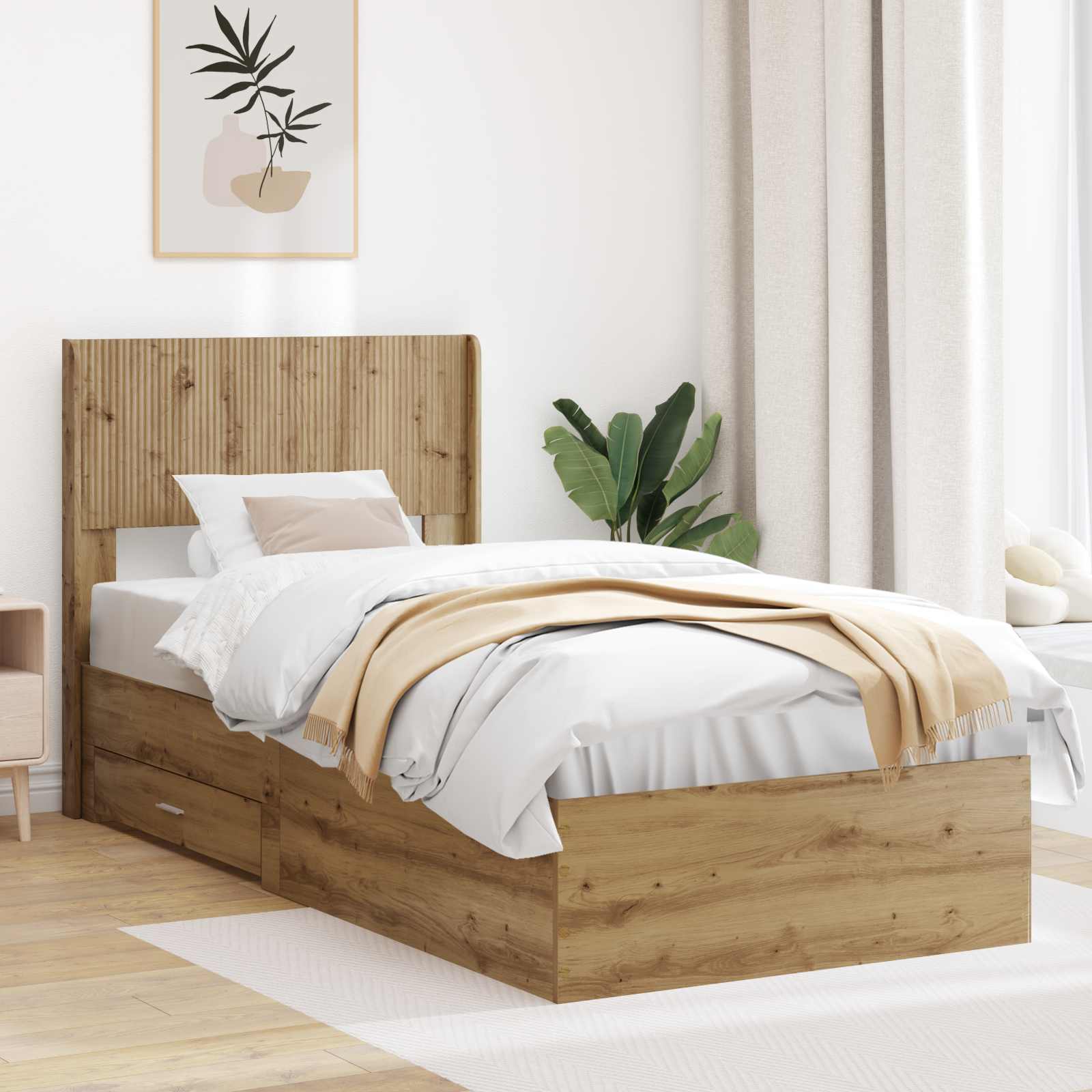 Bettgestell mit Stauraum und Kopfteil Artisan-Eiche 90 x 200 cm