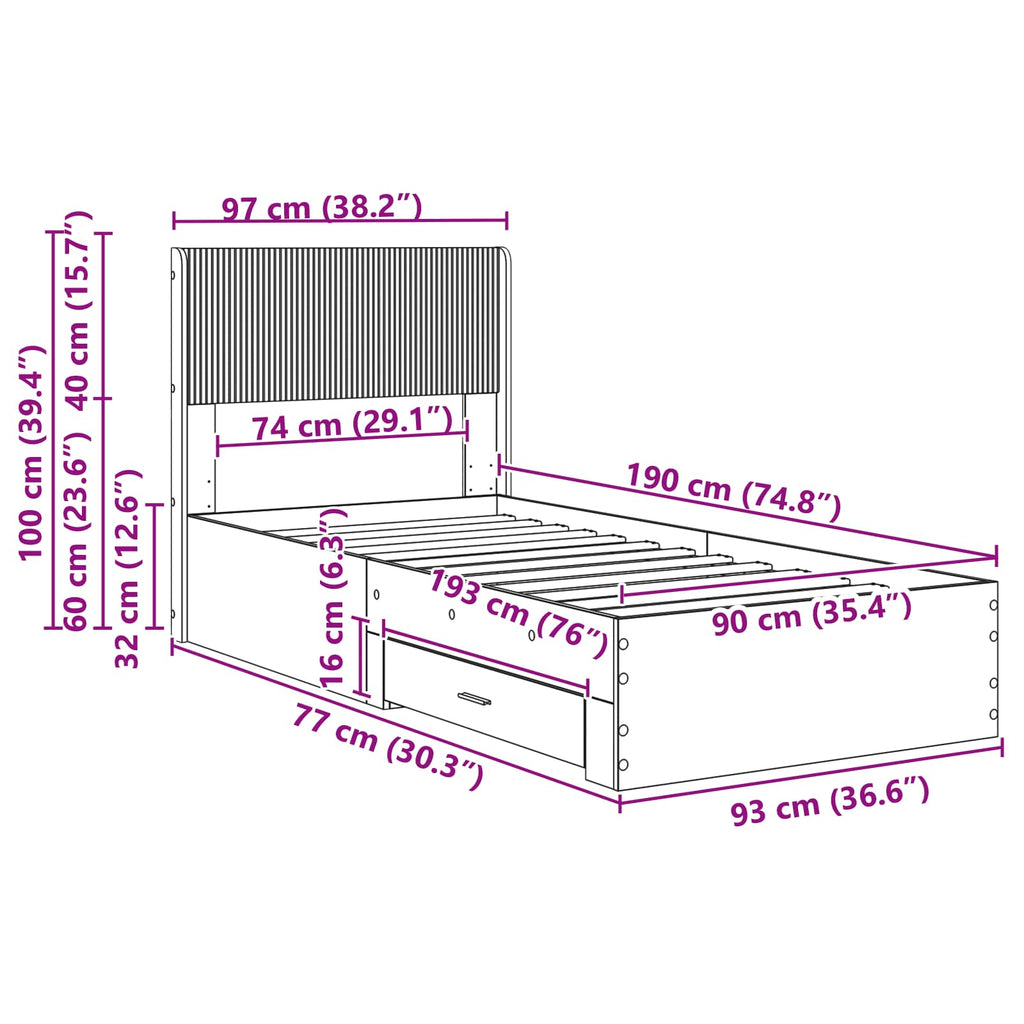 Bettgestell mit Stauraum und Kopfteil Altholz 90 x 190 cm