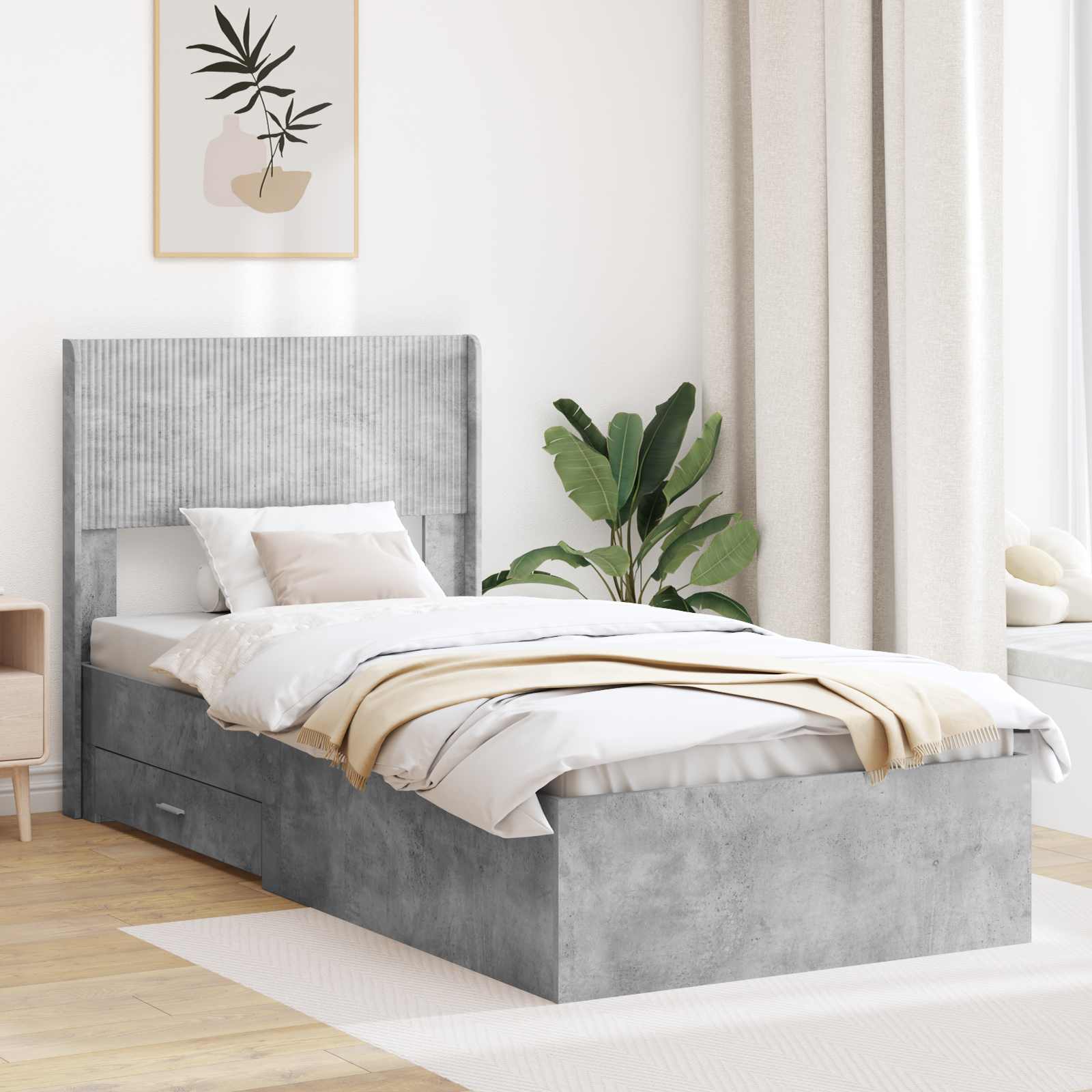 Bettgestell mit Stauraum und Kopfteil Betongrau 75 x 190 cm