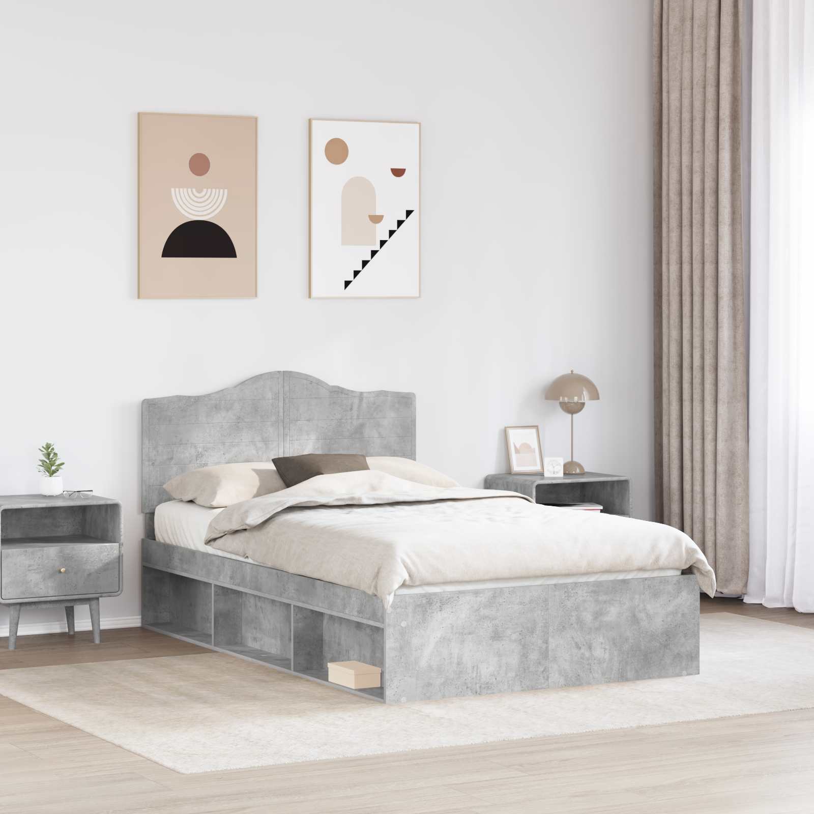Bettrahmen Beton Grau 135 x 190 cm Massives Kiefernholz