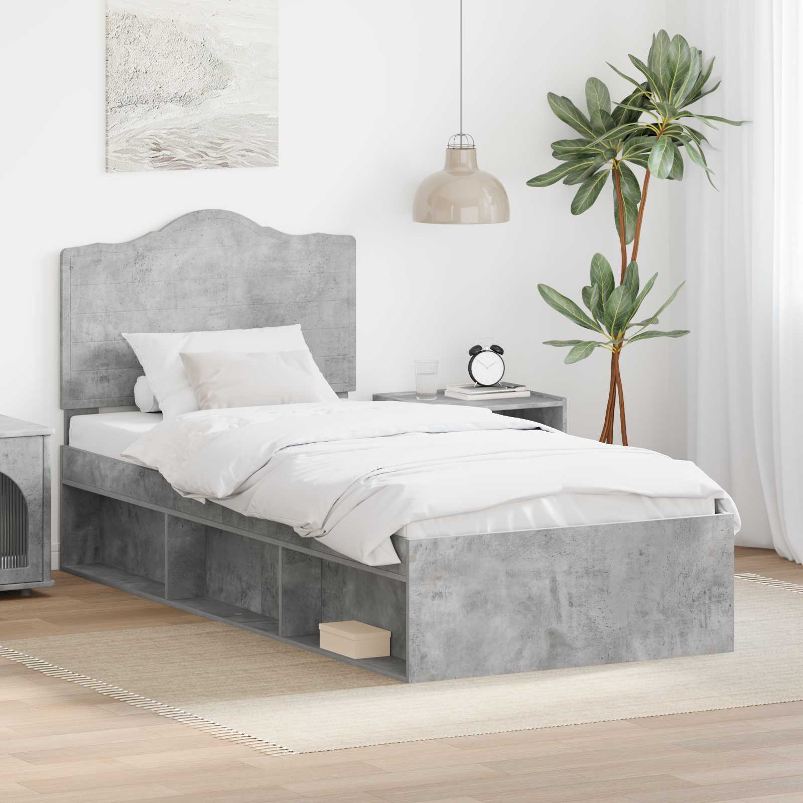 Bettrahmen mit Kopfteil Beton 90 x 200 cm Massives Kiefernholz