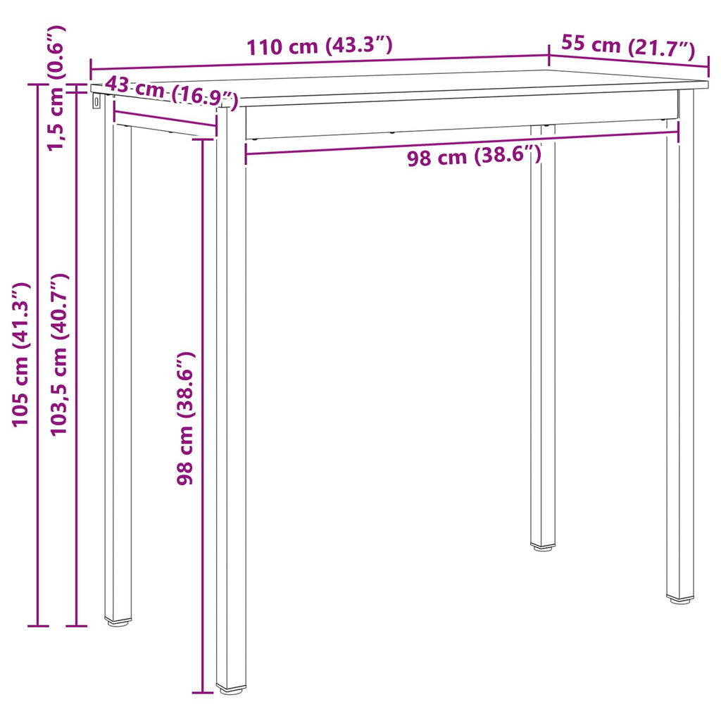 Bartisch Natur 110 x 55 x 105 cm Massives Kiefernholz