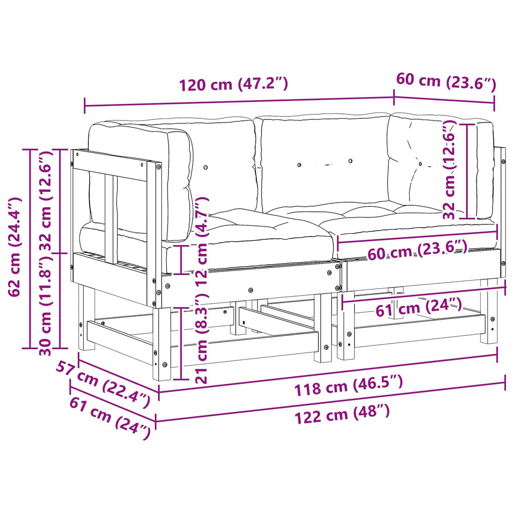 2 pcs Gartenecksofa Massives Kiefernholz Wachsbraun
