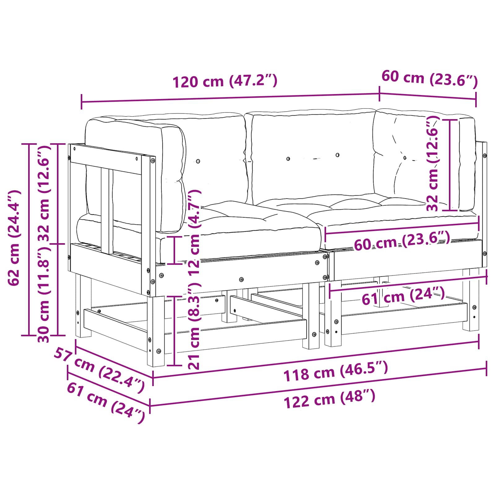 2 pcs Gartenecksofa Massives Kiefernholz Wachsbraun