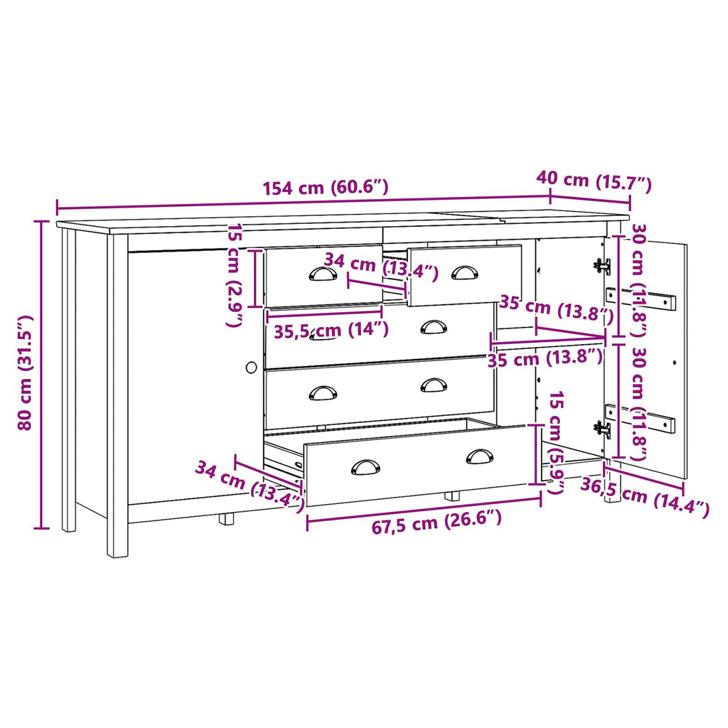 Sideboard HILL Honigbraun 154 x 40 x 80 cm Massives Kiefernholz