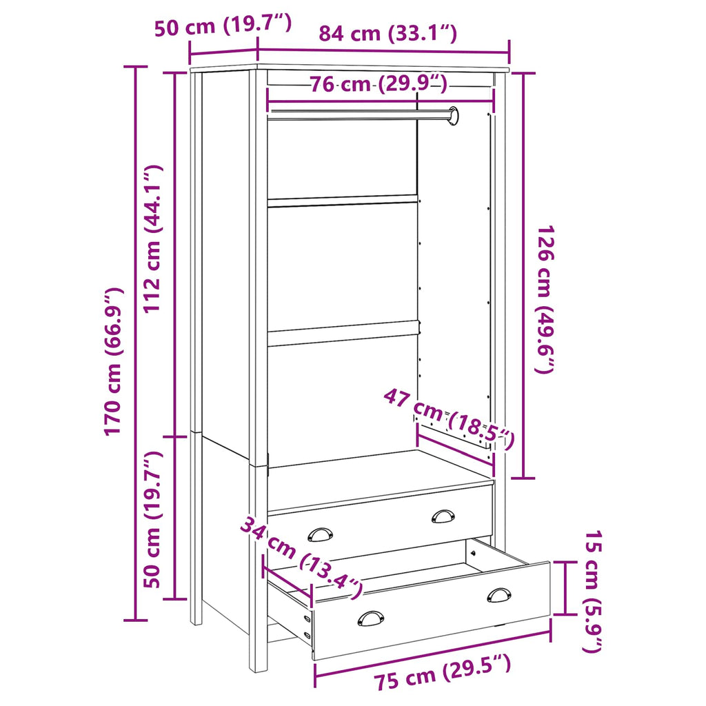 Kleiderschrank mit Schubladen HILL Honigbraun 84 x 50 x 170 cm
