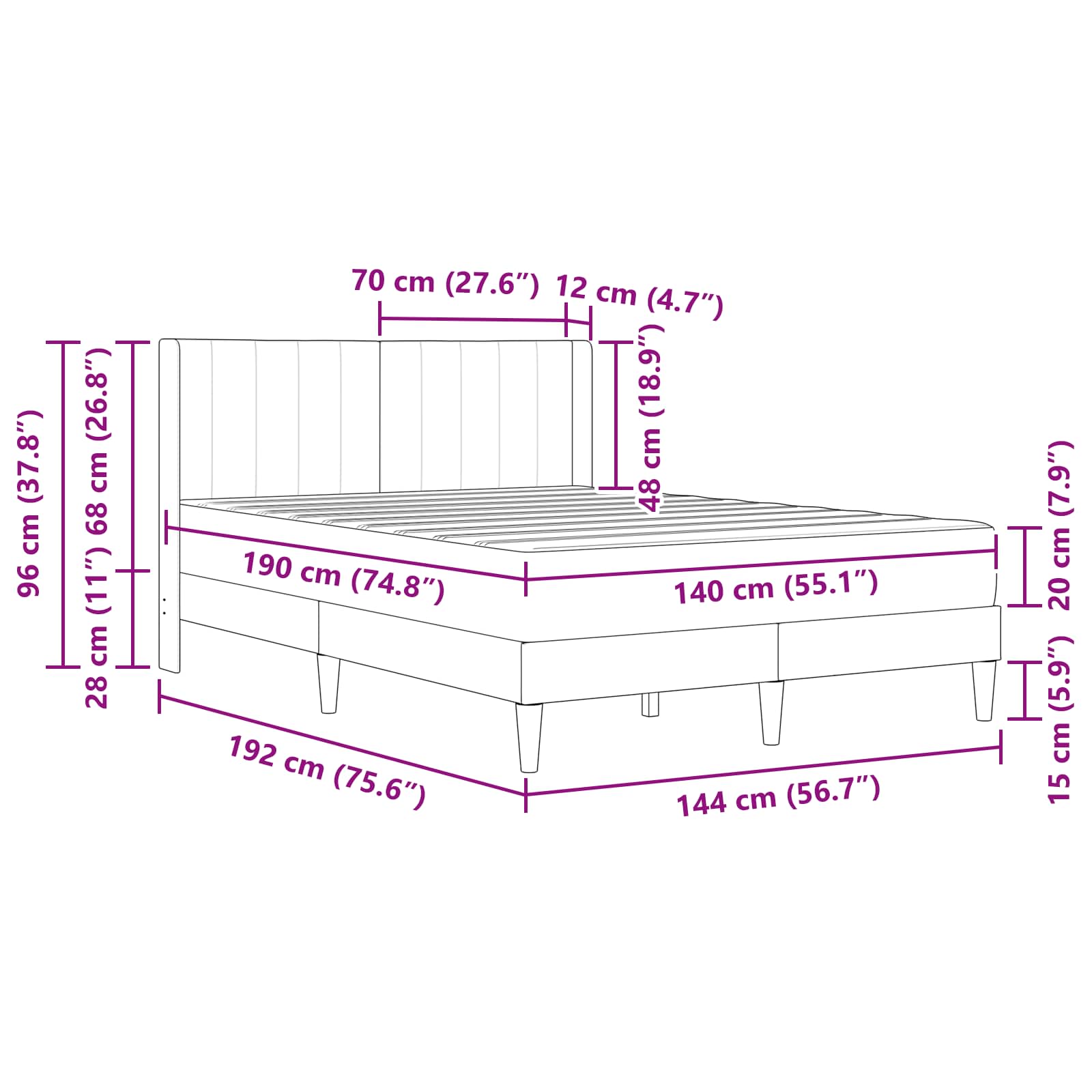 Bettgestell mit Matratze mit Kopfteil Schwarz 140 x 190 cm Samt