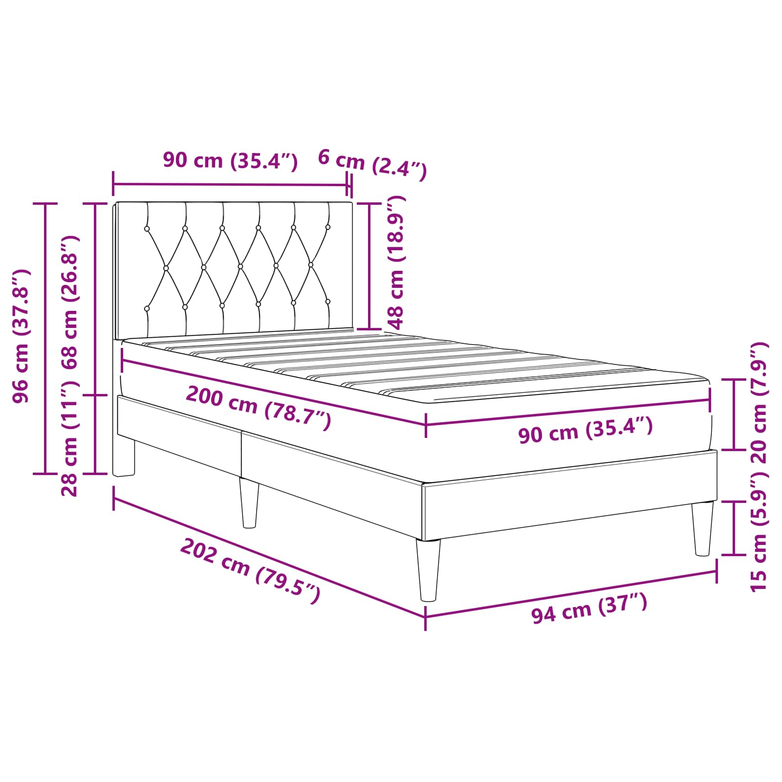 Bettgestell mit Matratze mit Kopfteil Schwarz 90 x 200 cm Samt