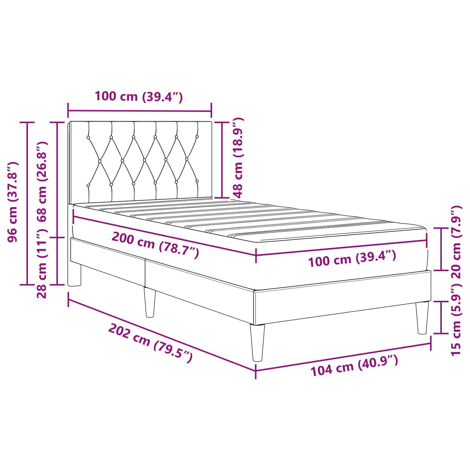 Bettgestell mit Matratze mit Kopfteil Schwarz 100 x 200 cm Samt