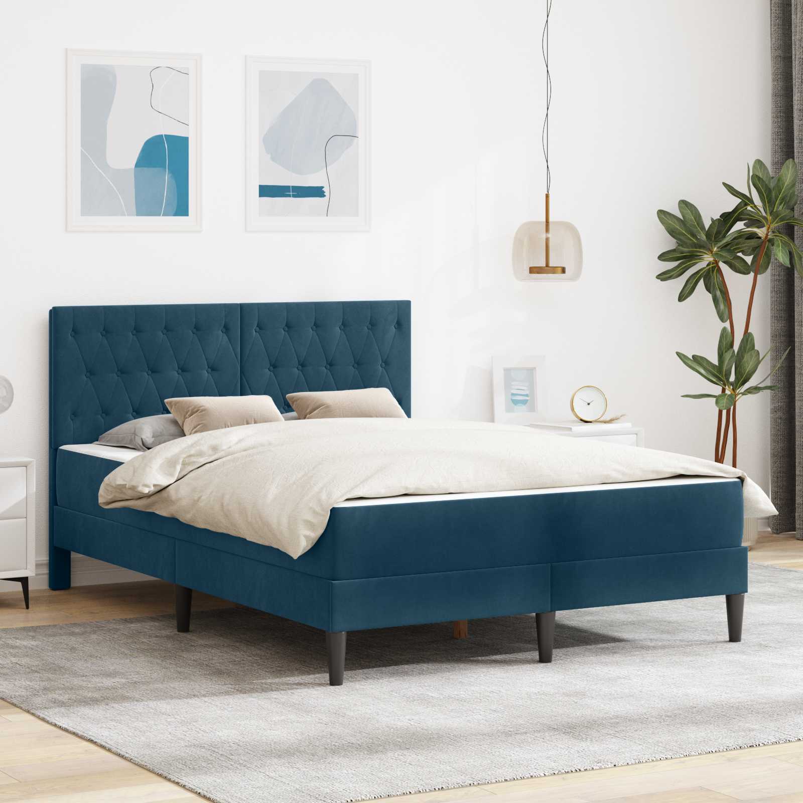 Bettgestell mit Matratze mit Kopfteil Blau 140 x 190 cm Samt