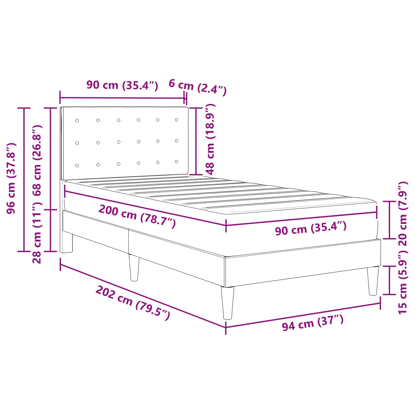 Bettgestell mit Matratze mit Kopfteil Blau 90 x 200 cm Stoff