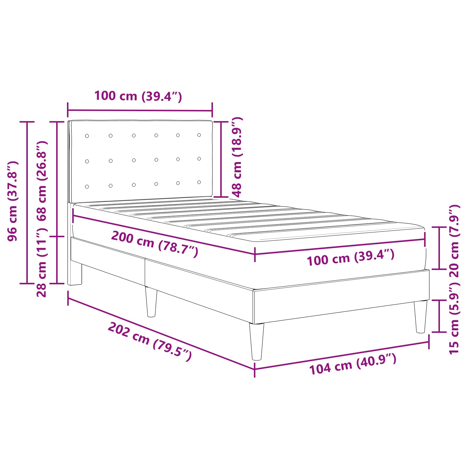 Bettgestell mit Matratze mit Kopfteil Blau 100 x 200 cm Stoff