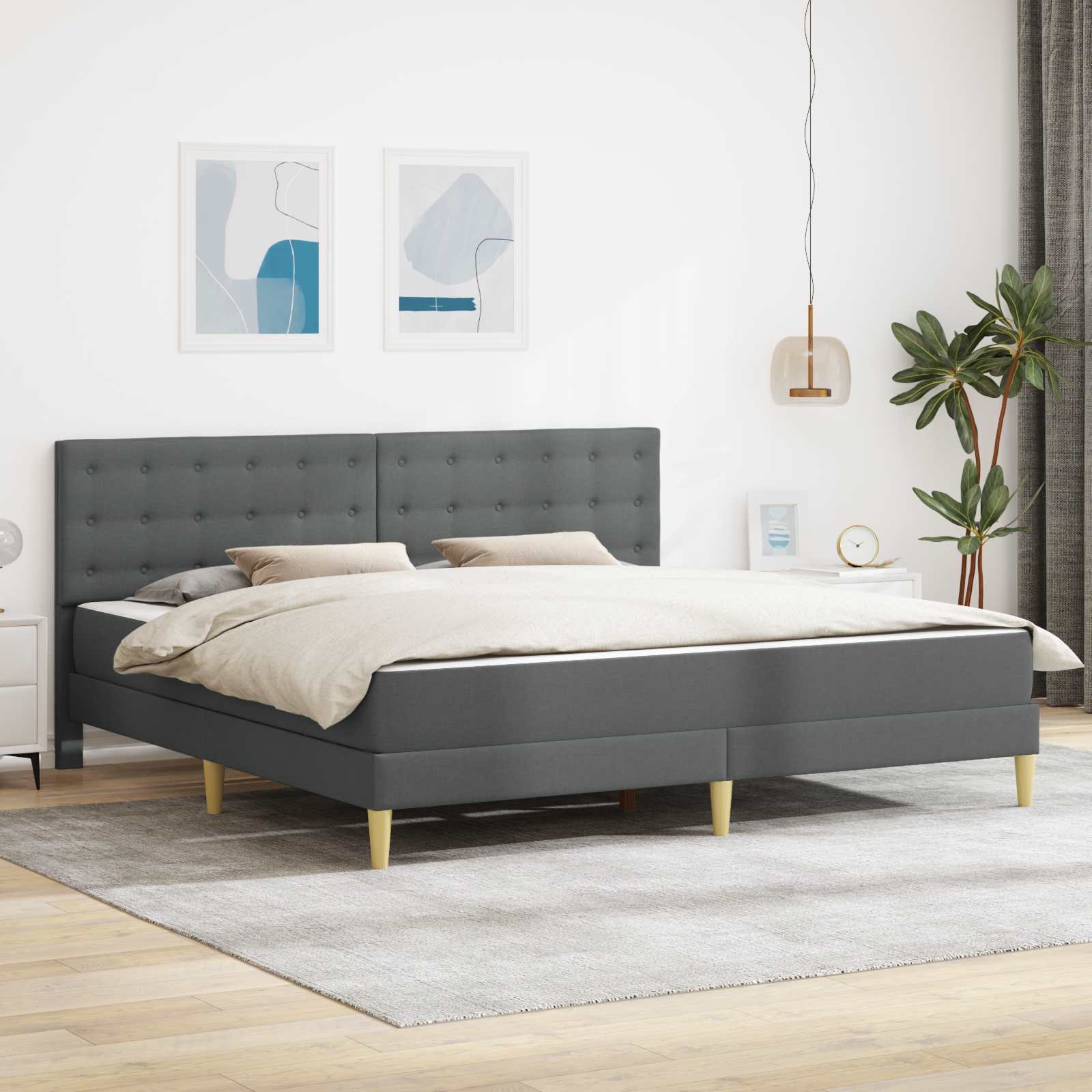 Bettgestell mit Matratze Dunkelgrau 200 x 200 cm Stoff