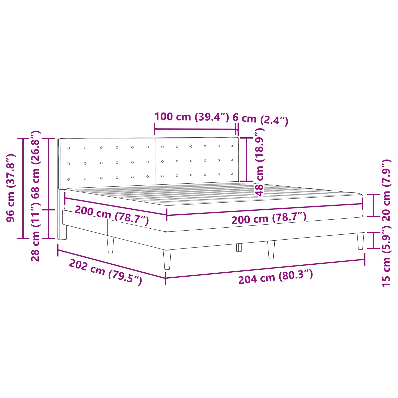 Bettgestell mit Matratze Dunkelgrau 200 x 200 cm Stoff