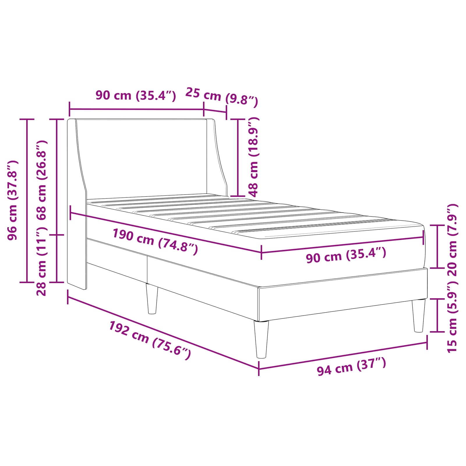 Bettgestell mit Matratze mit Kopfteil Schwarz 90 x 190 cm Stoff