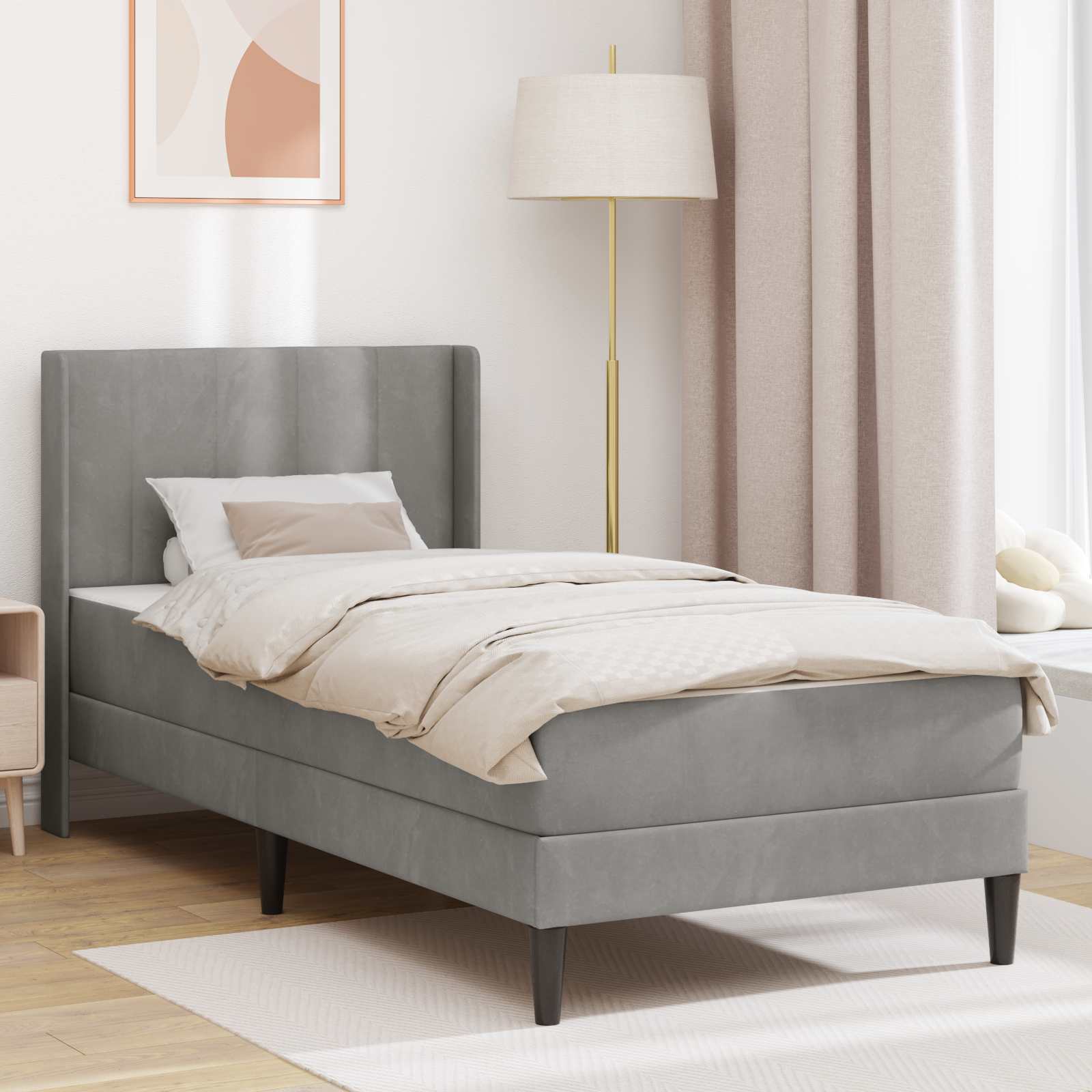 Bettgestell mit Matratze mit Kopfteil Hellgrau 90 x 190 cm Samt