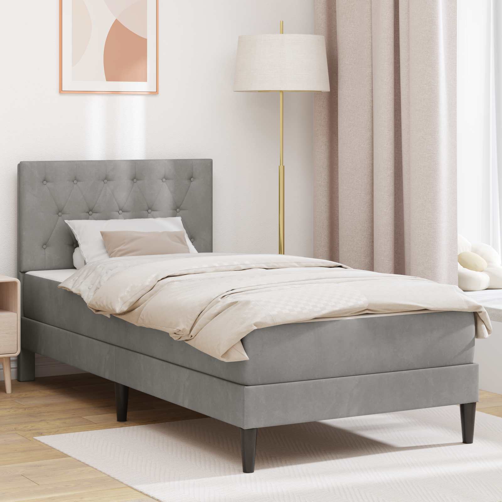 Bettgestell mit Matratze mit Kopfteil Hellgrau 90 x 190 cm Samt