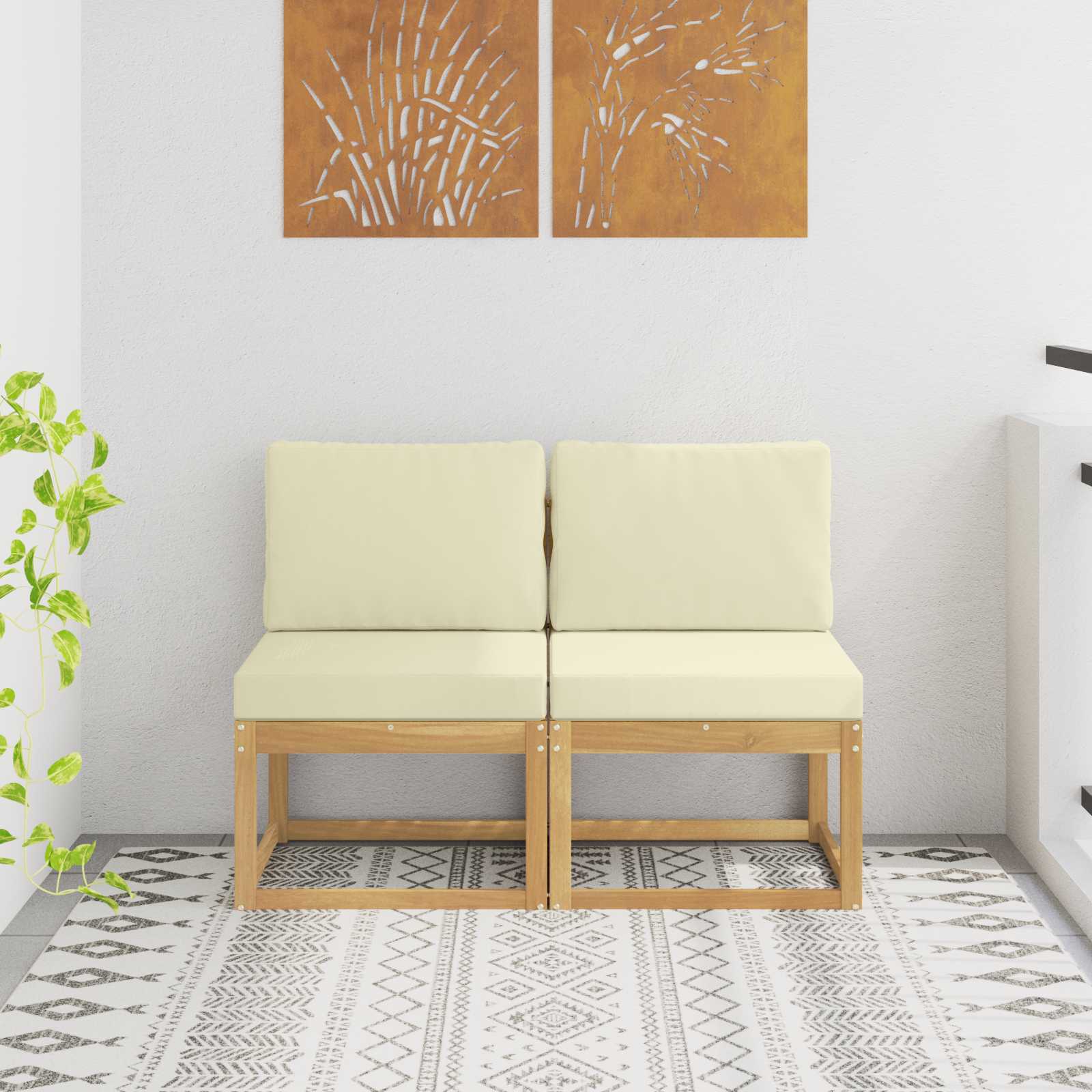 2 Stück Outdoor Mittelsofa Massivholz Akazie Weiß