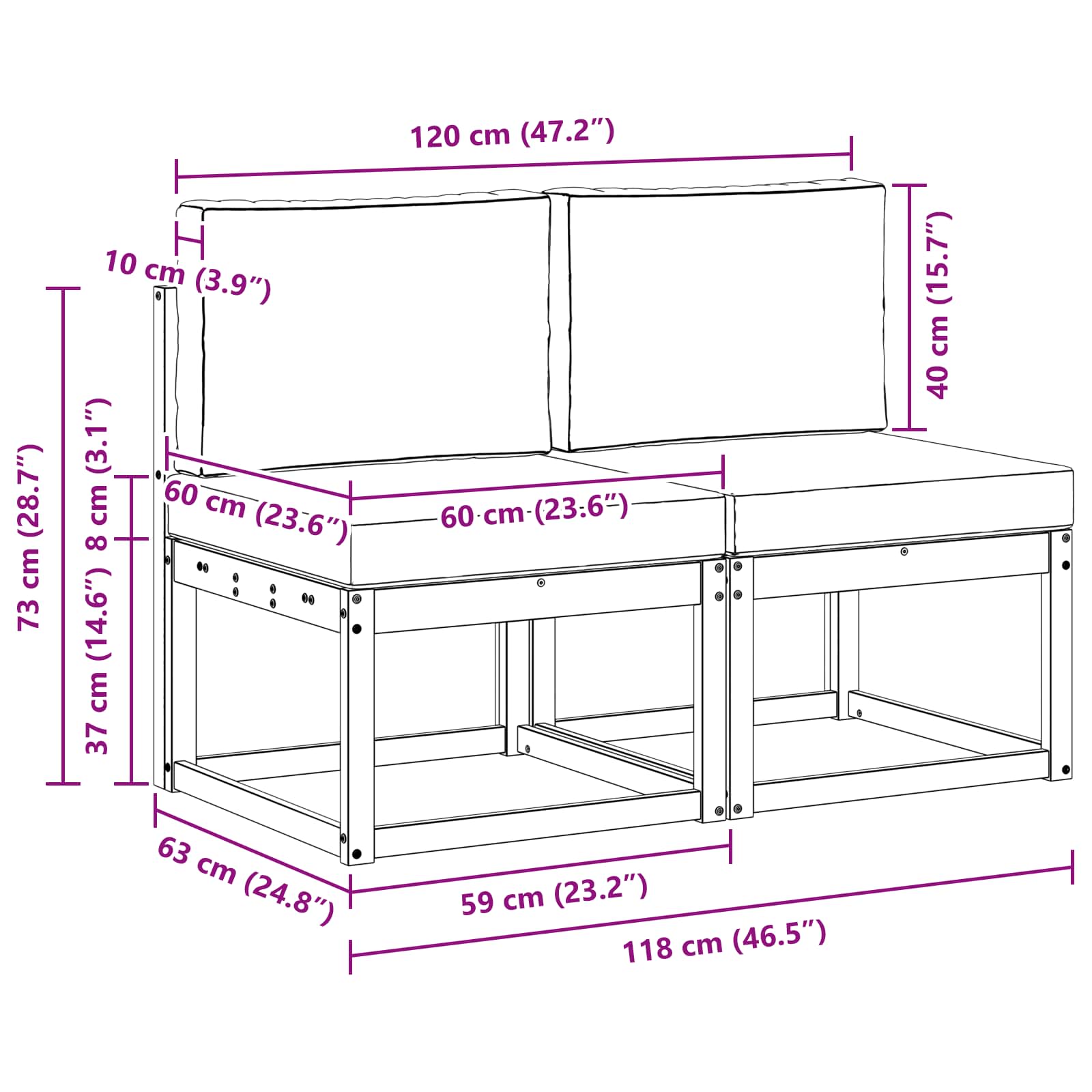 2 Stück Outdoor Mittelsofa Massivholz Akazie Weiß