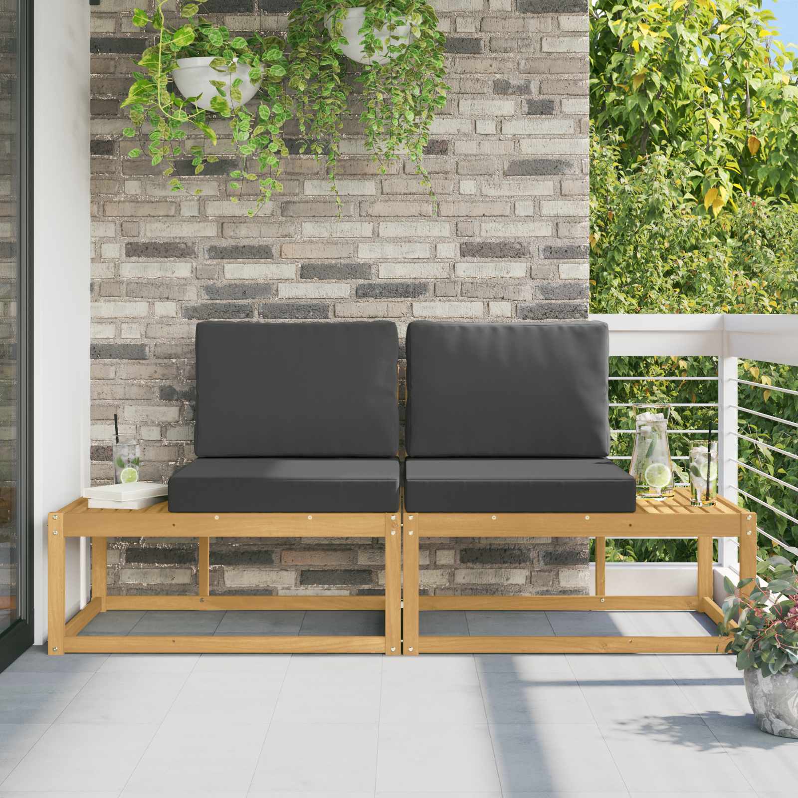 Outdoor End Sofa mit Kissen 2 Stück Weiß Massivholz Akazie