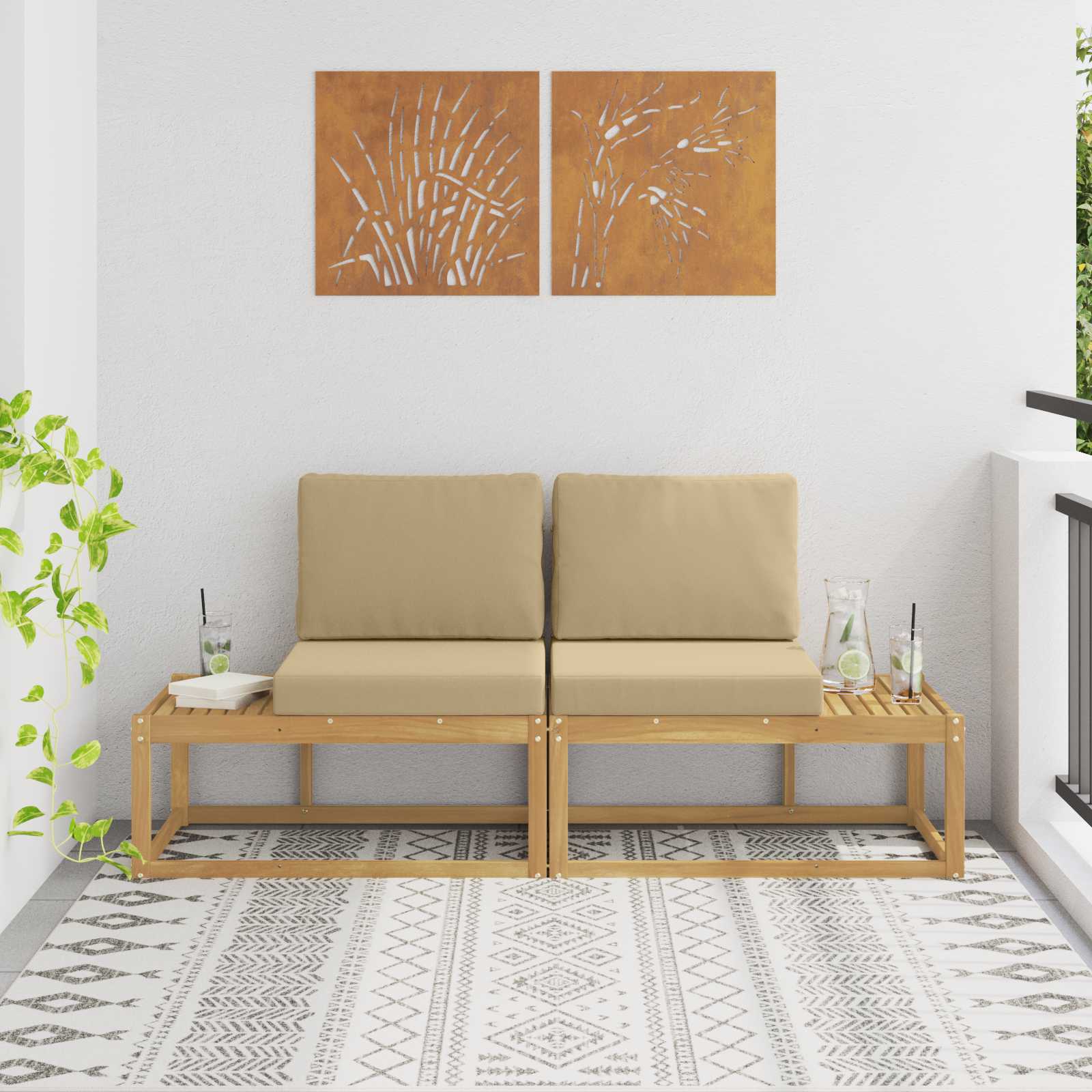 Outdoor End Sofa mit Kissen 2 Stück Weiß Massivholz Akazie