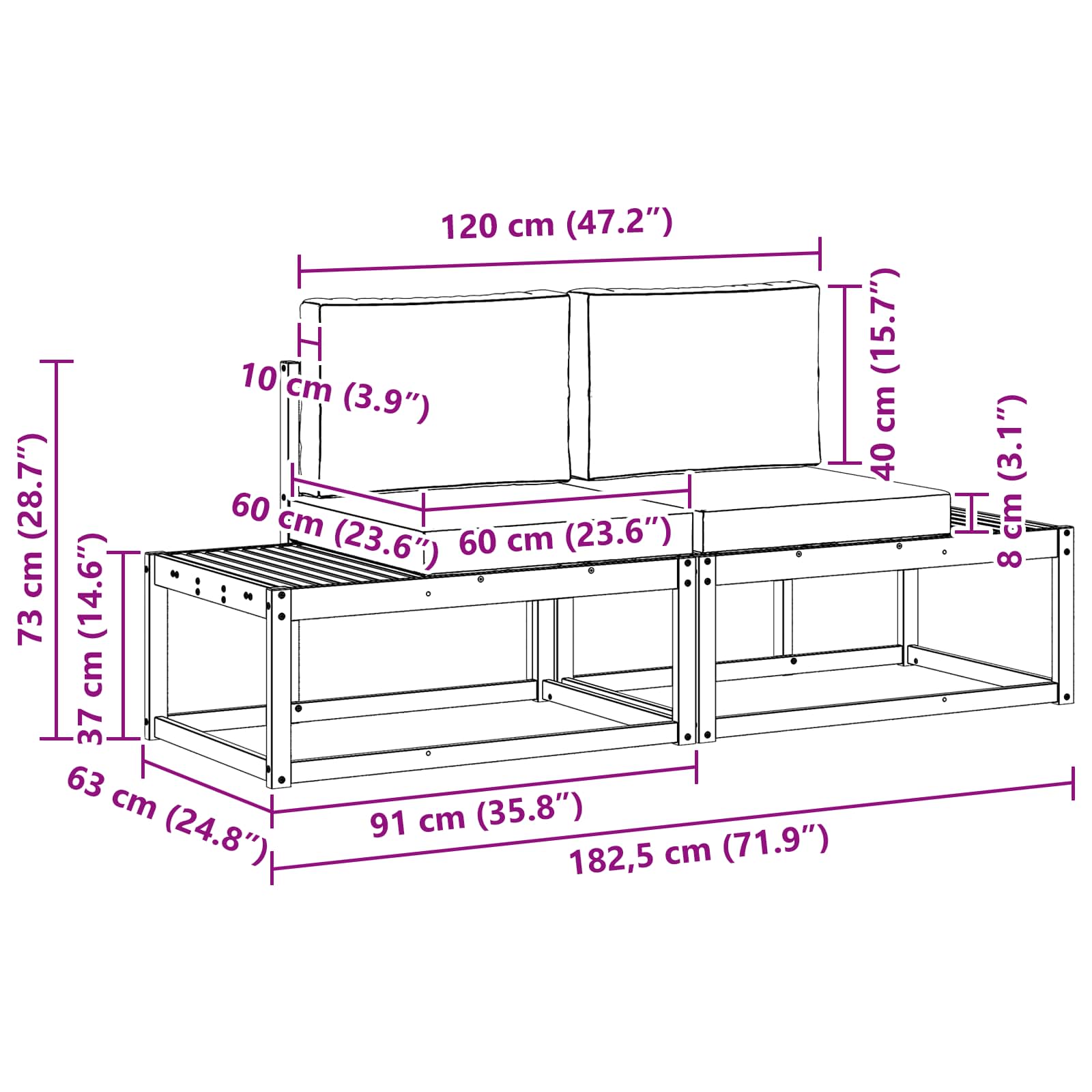 Outdoor End Sofa mit Kissen 2 Stück Weiß Massivholz Akazie