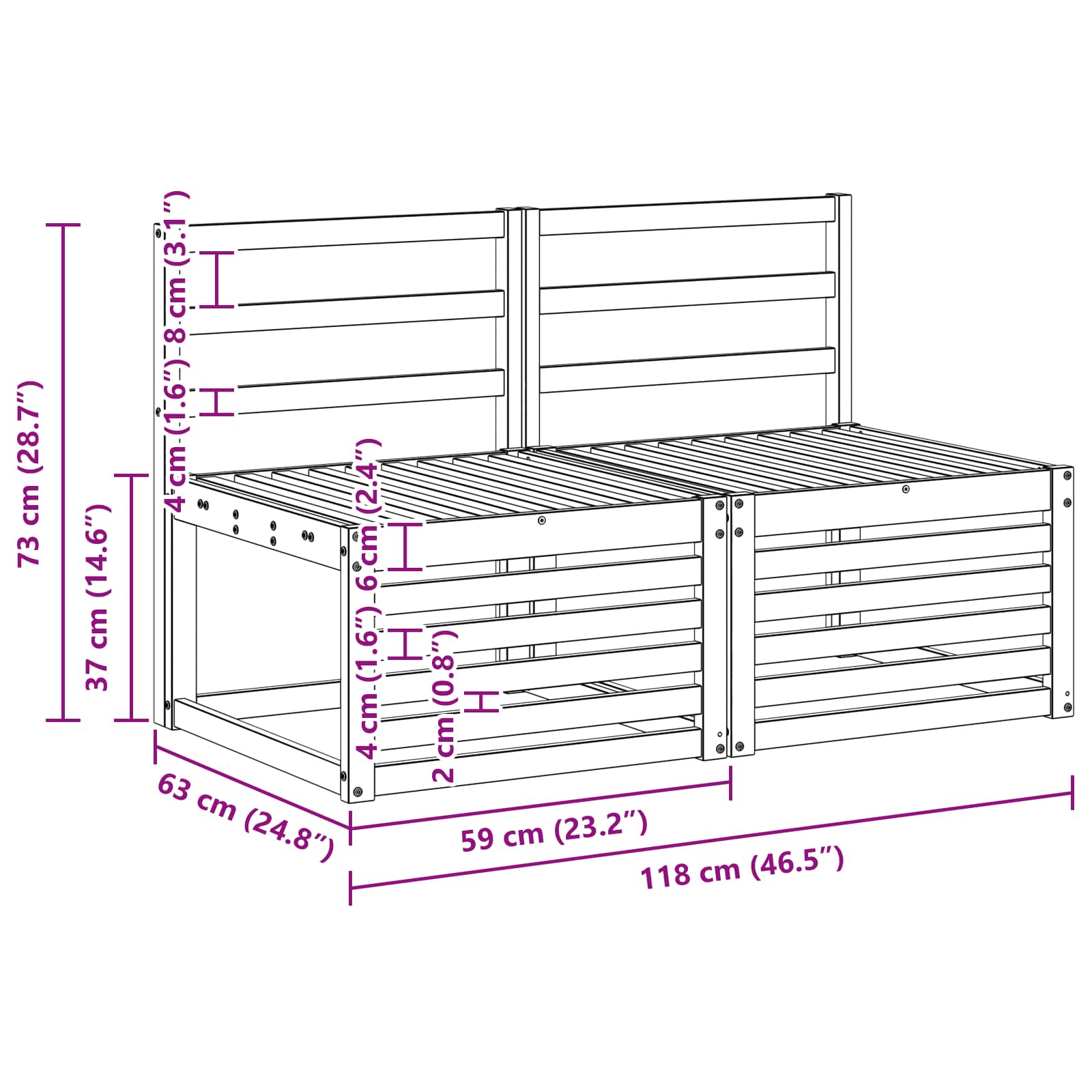 2 Stück Outdoor Mittelsofa Massivholz Akazie Weiß