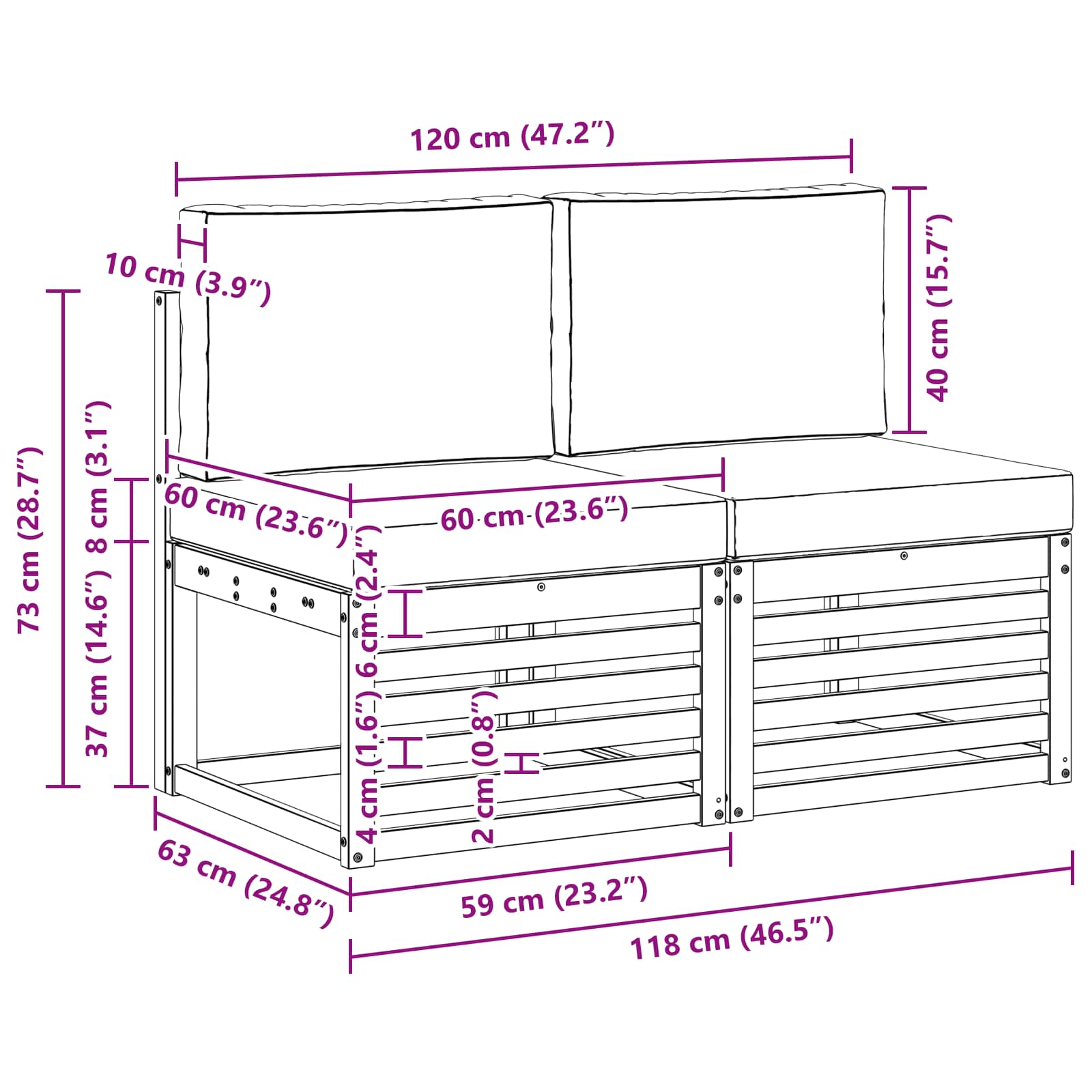 2 Stück Outdoor Mittelsofa Massivholz Akazie Weiß