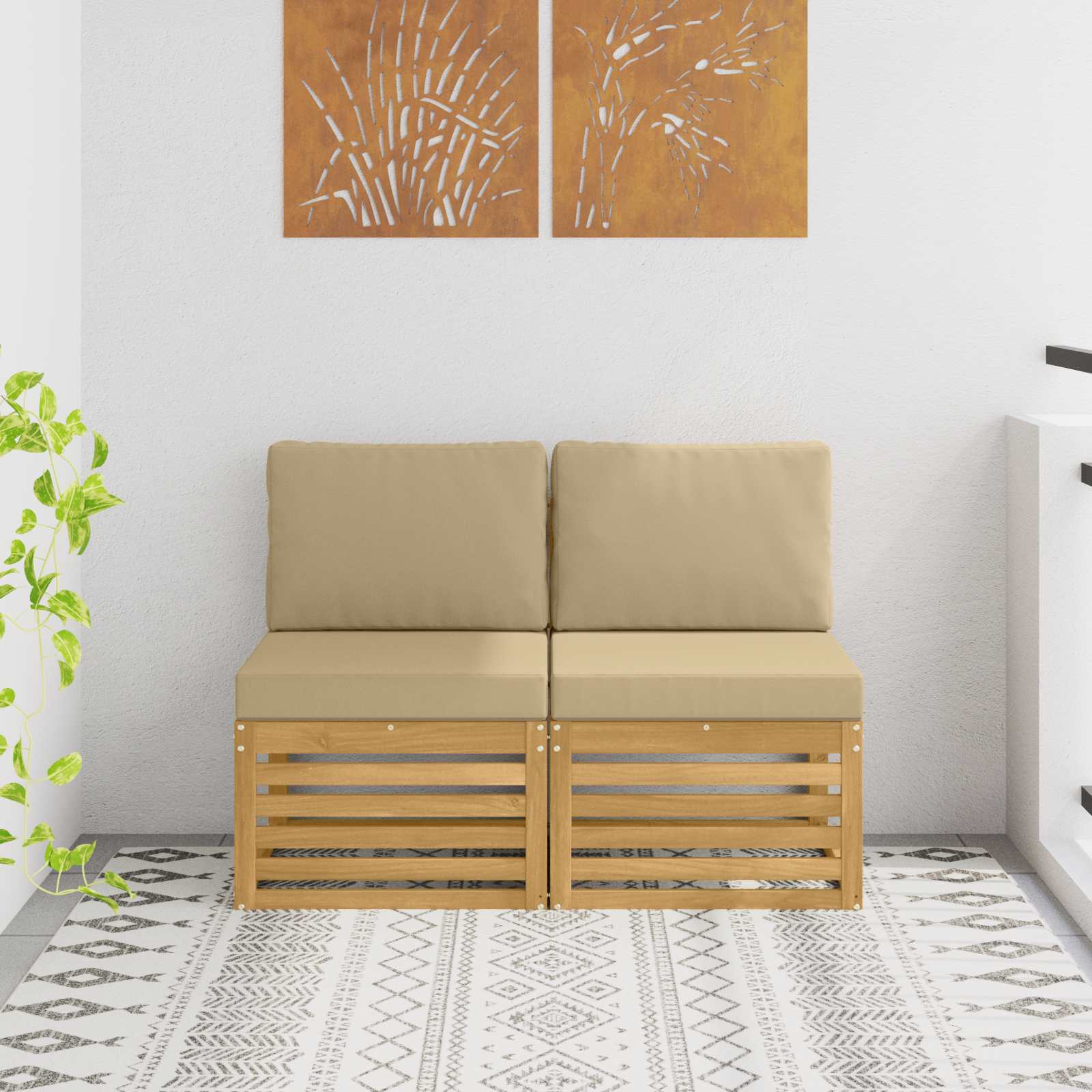 2 Stück Outdoor Mittelsofa Massivholz Akazie Weiß
