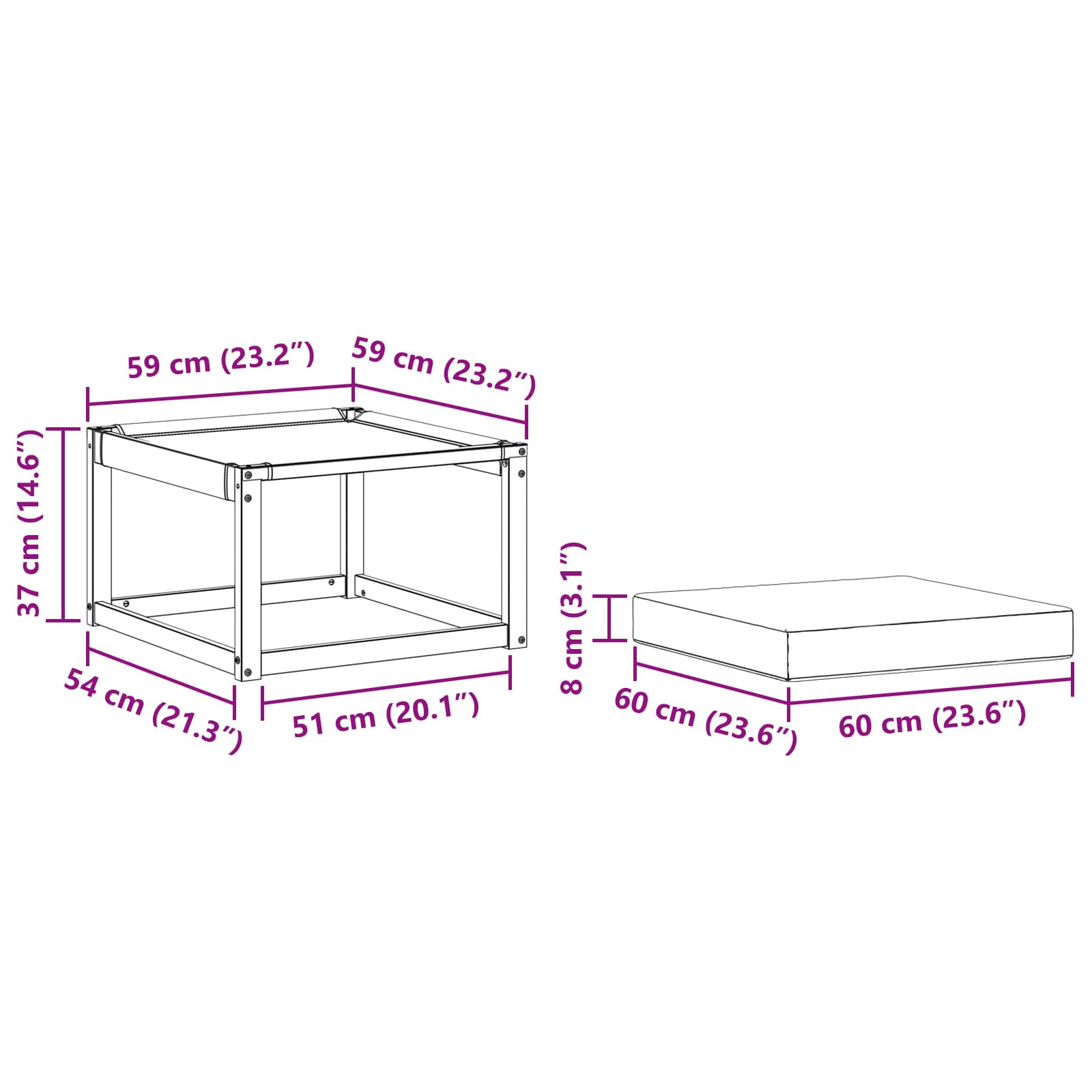 Outdoor-Fußhocker Massivholz Akazie und Textilene Stoff Weiß