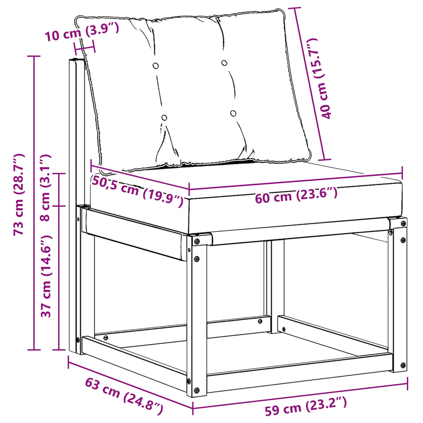 Outdoor Mittelsofa Massivholz Akazie und Textilene Stoff Weiß