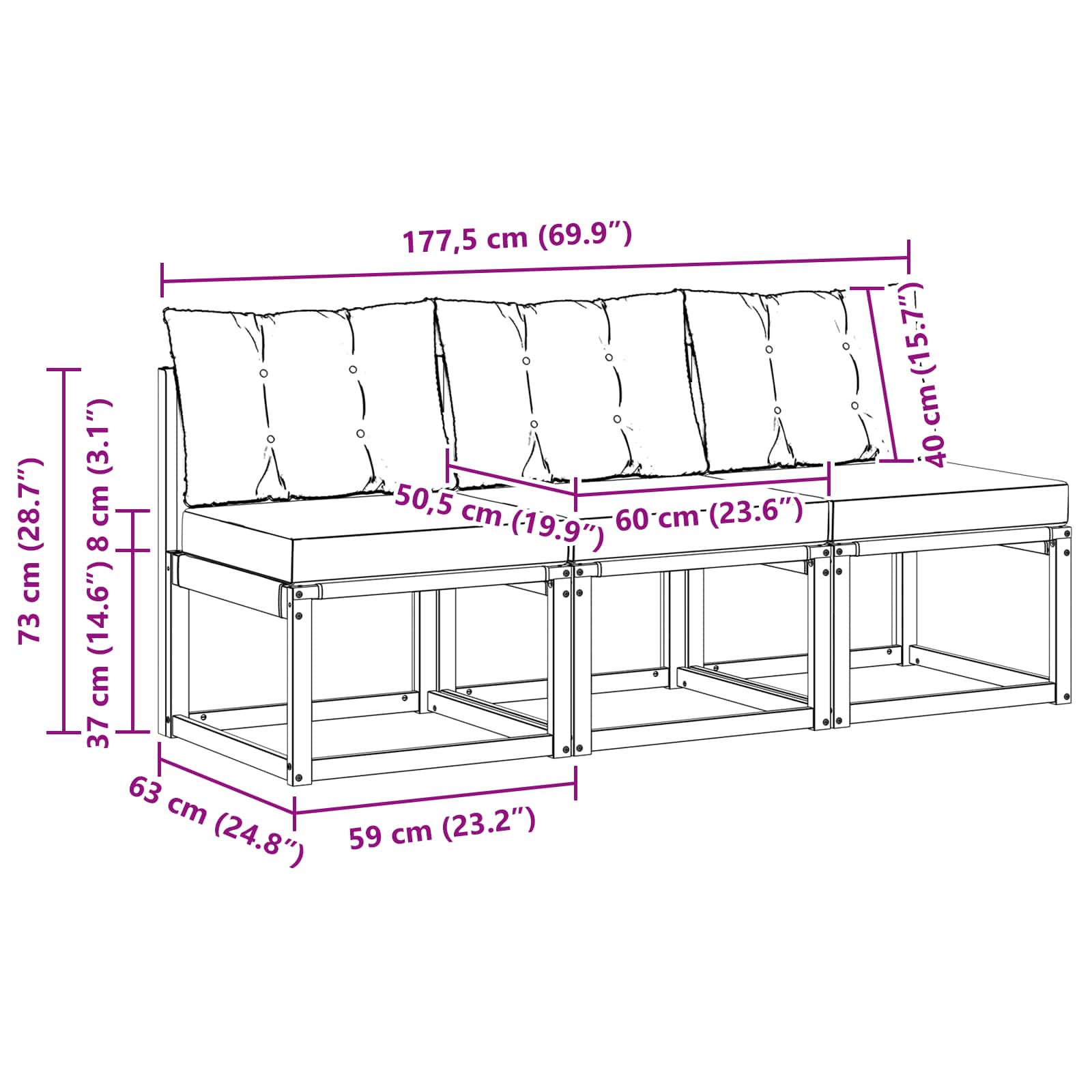 3 Stück Outdoor Mittelsofa