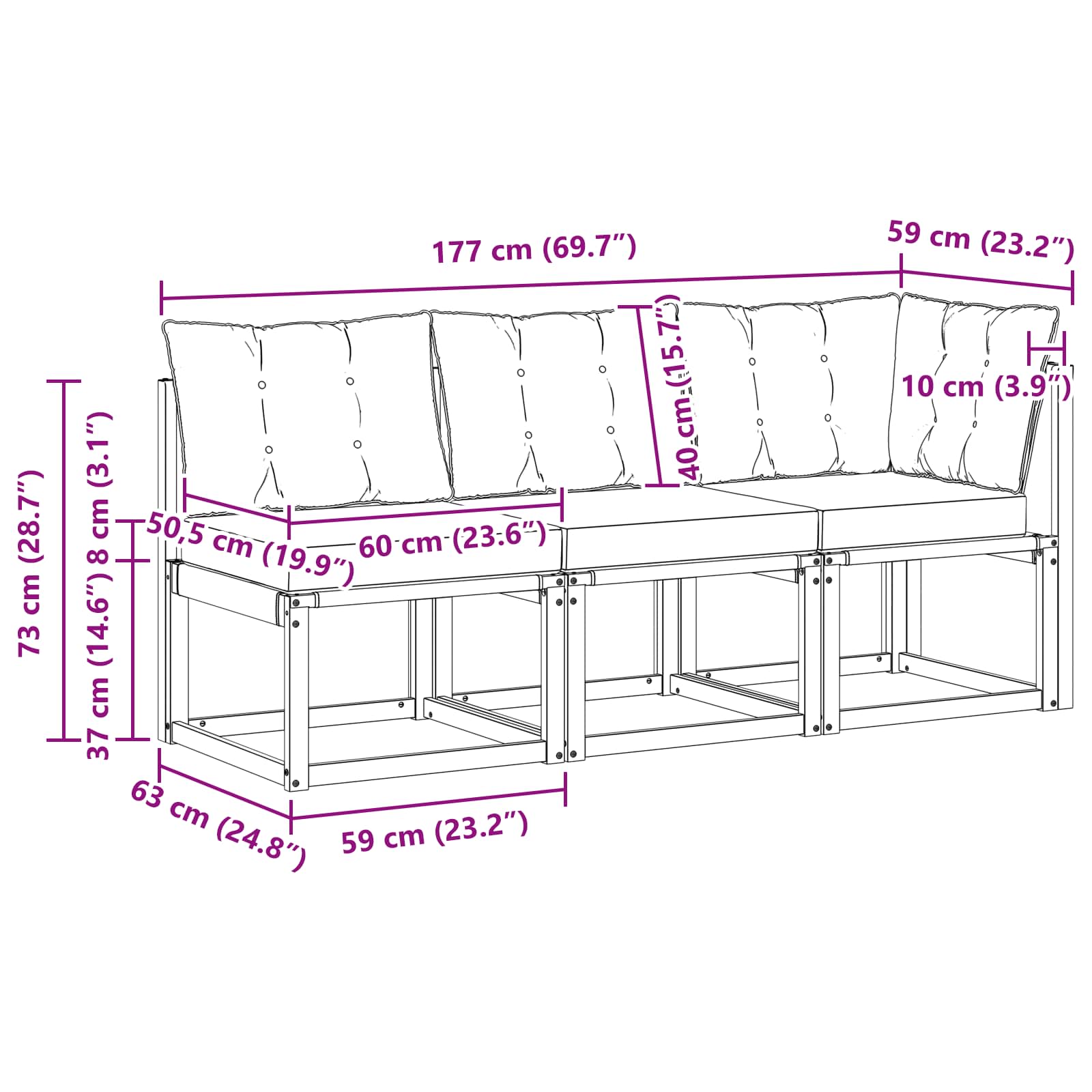 Outdoor Mittel- und Ecksofa mit Kissen 3 Stück Weiß