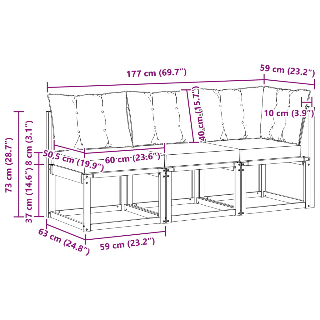 Outdoor Mittel- und Ecksofa mit Kissen 3 Stück Weiß